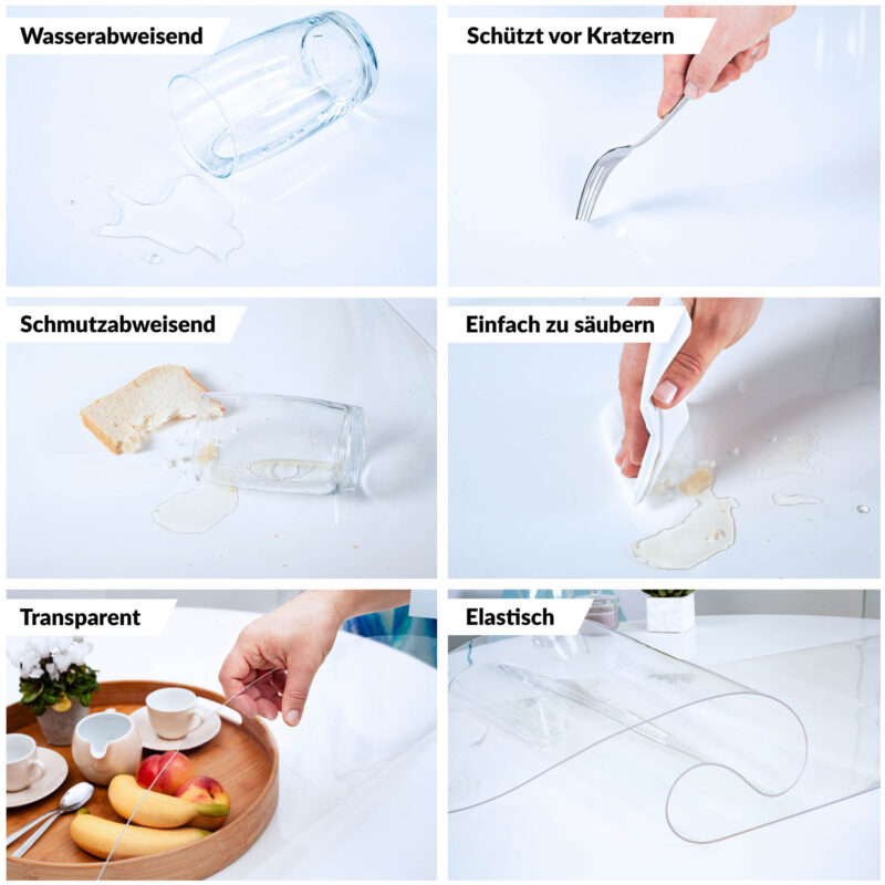 Eigenschaften der Tischfolie: wasserabweisend, kratzfest, schmutzabweisend, leicht zu reinigen, transparent, elastisch