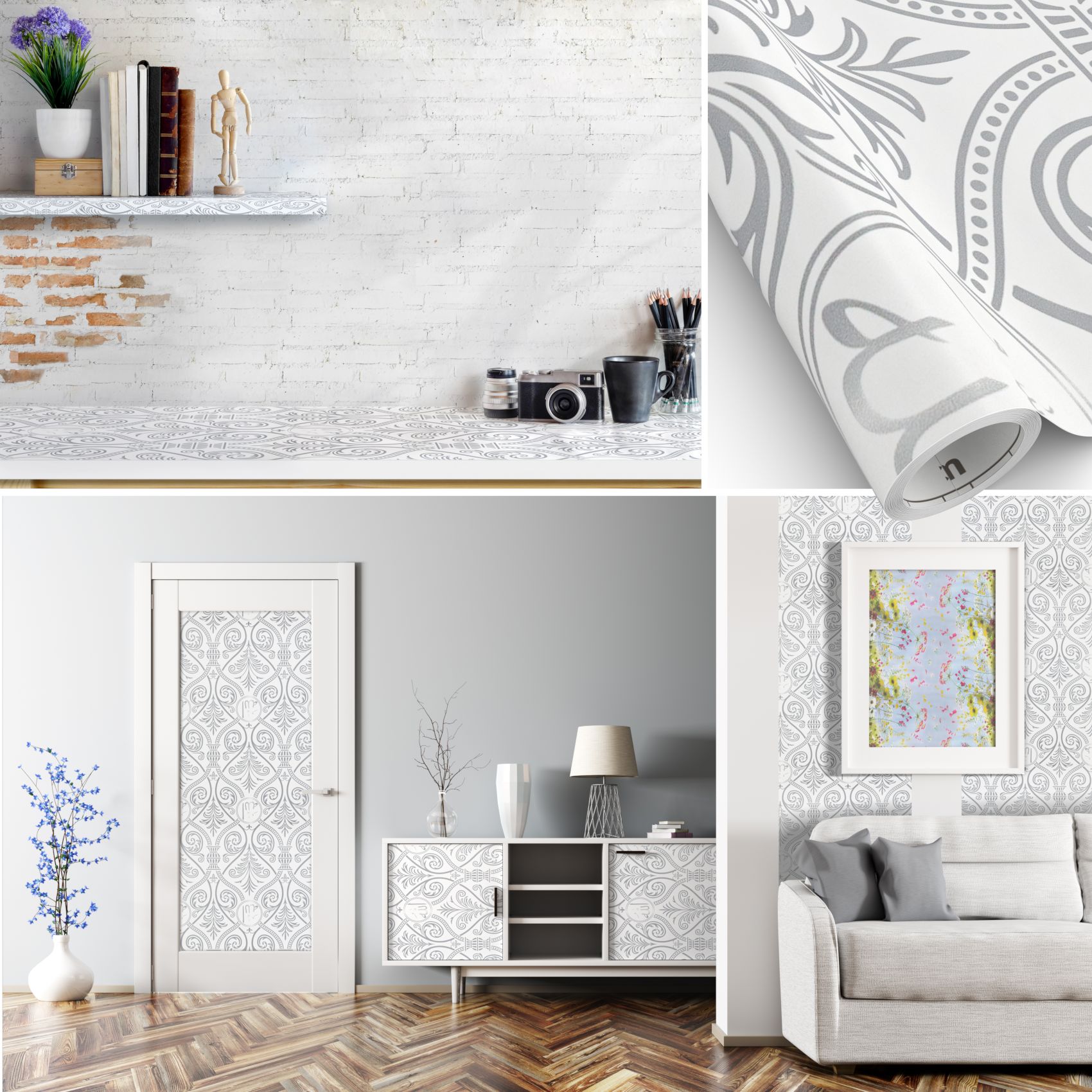 Klebefolie Möbelfolie selbstklebende Folie Dekofolie matt 0,45x2m PVC-frei – Ornament Silber Grau