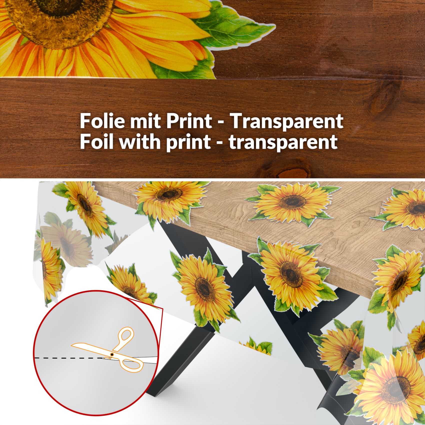Transparente Tischdecke durchsichtig Tischfolie Tischschutzfolie 0,15mm mit Muster Sonnenblumen &#8211; 100x140cm, Schnittkante