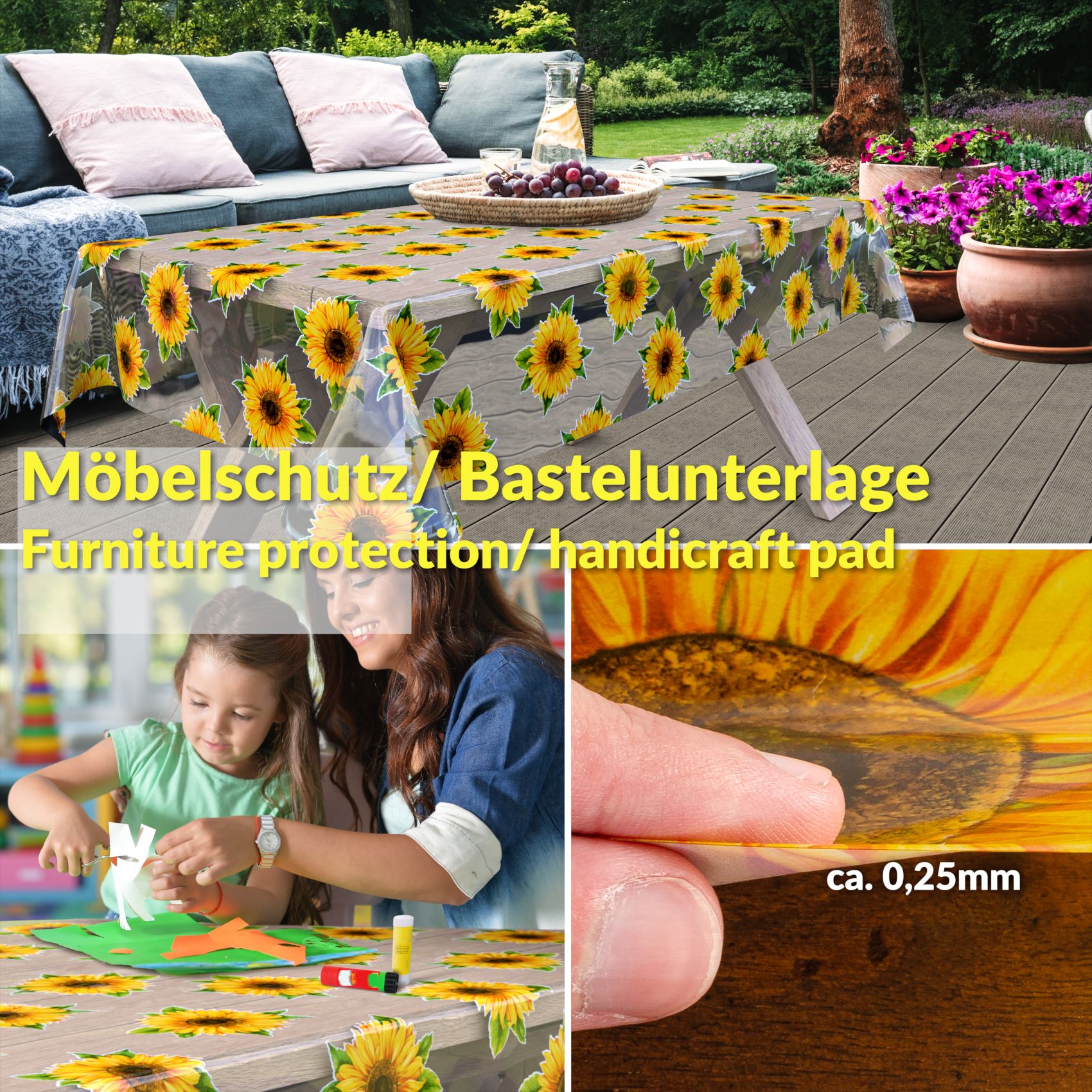 Transparente Tischdecke durchsichtig Tischfolie Tischschutzfolie 0,15mm mit Muster Sonnenblumen &#8211; 100x140cm, Schnittkante