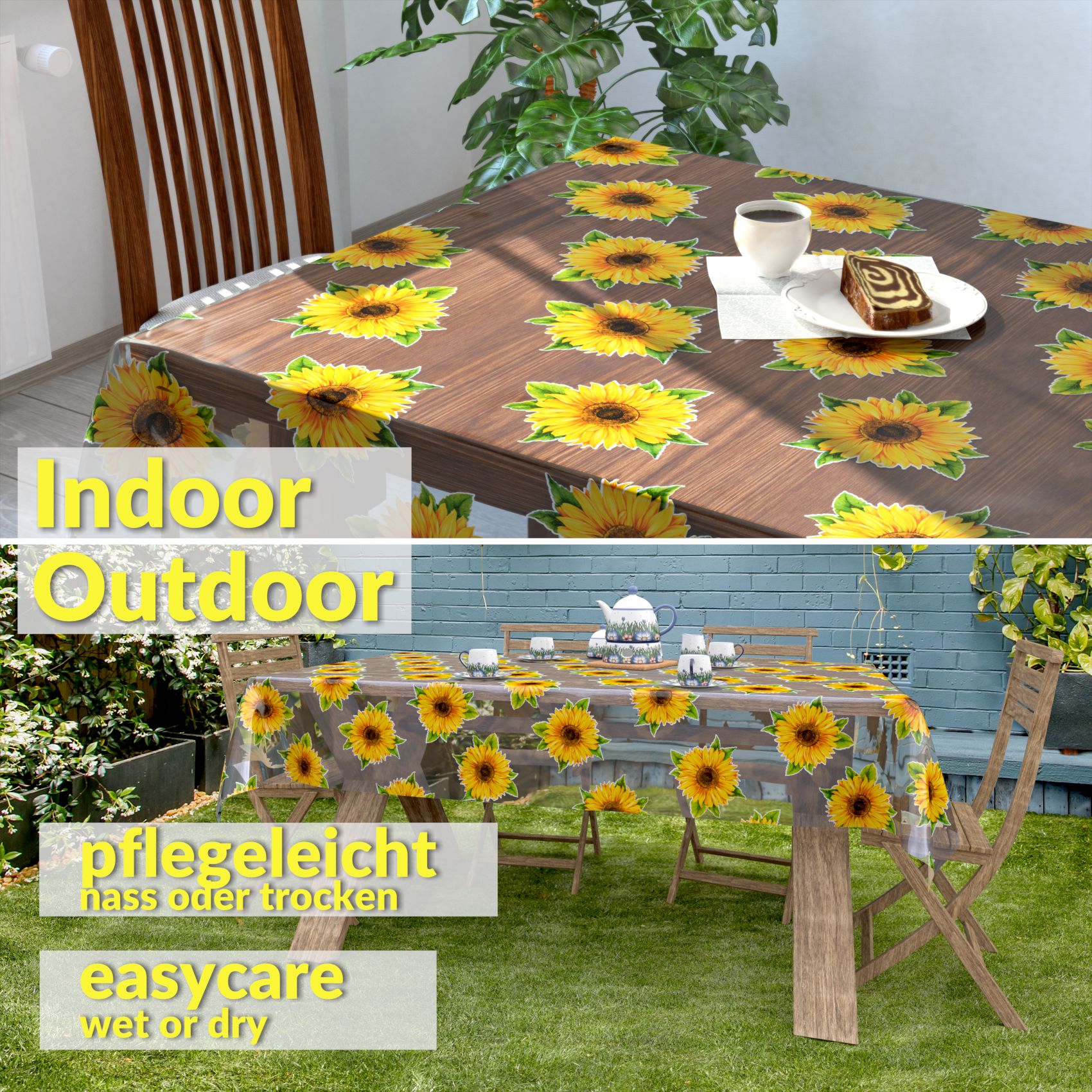 Transparente Tischdecke durchsichtig Tischfolie Tischschutzfolie 0,15mm mit Muster Sonnenblumen &#8211; 100x140cm, Schnittkante