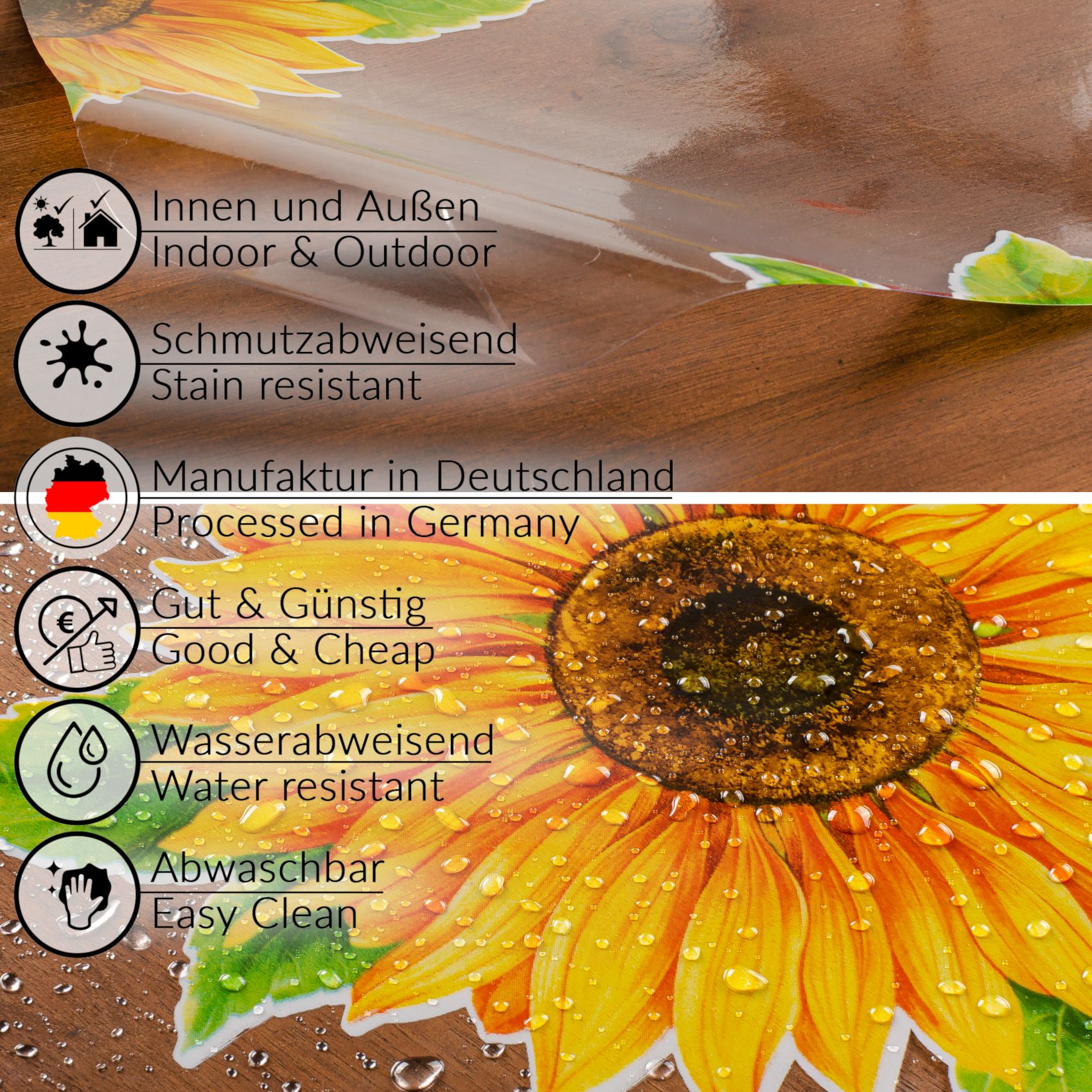 Transparente Tischdecke durchsichtig Tischfolie Tischschutzfolie 0,15mm mit Muster Sonnenblumen &#8211; 100x140cm, Schnittkante