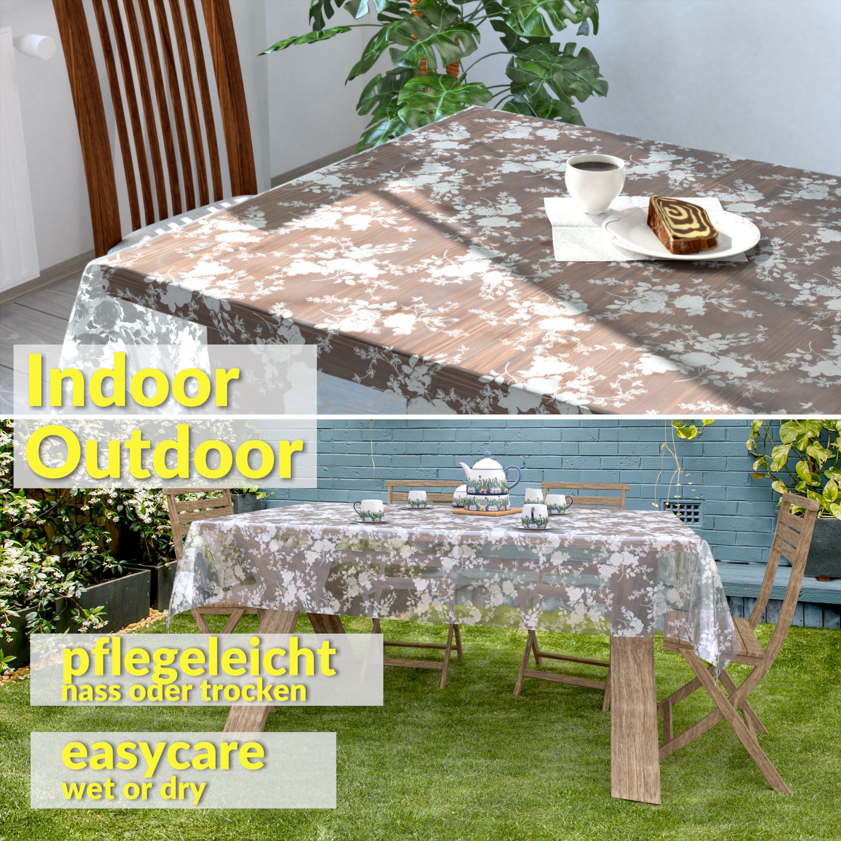Transparente Tischdecke durchsichtig Tischfolie Tischschutzfolie 0,15mm mit Muster Blumen Weiß – 120x140cm, Schnittkante