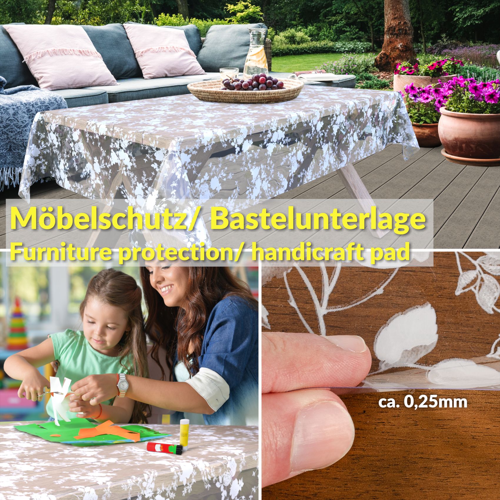 Transparente Tischdecke durchsichtig Tischfolie Tischschutzfolie 0,15mm mit Muster Blumen Weiß – 120x140cm, Schnittkante