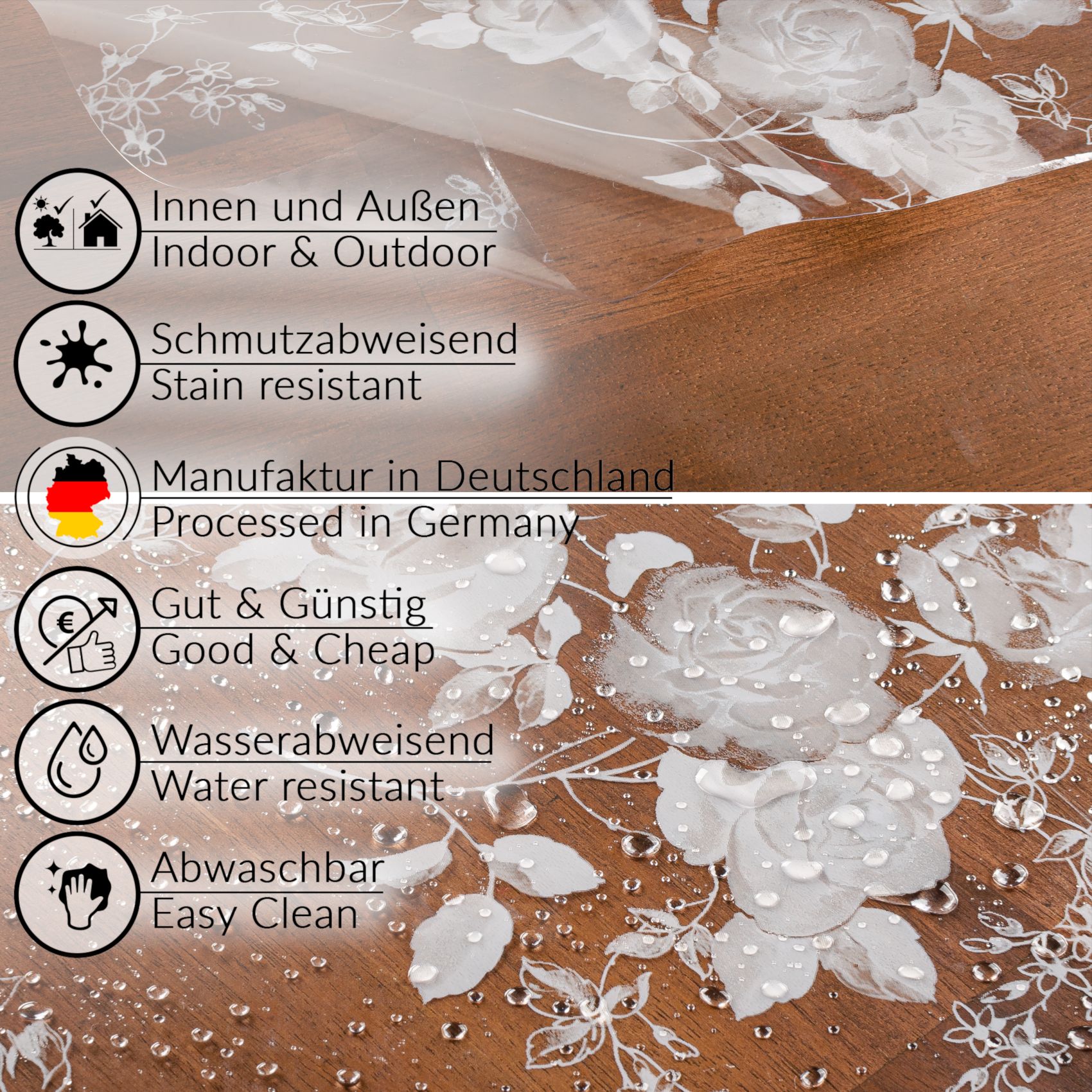 Transparente Tischdecke durchsichtig Tischfolie Tischschutzfolie 0,15mm mit Muster Blumen Weiß – 120x140cm, Schnittkante