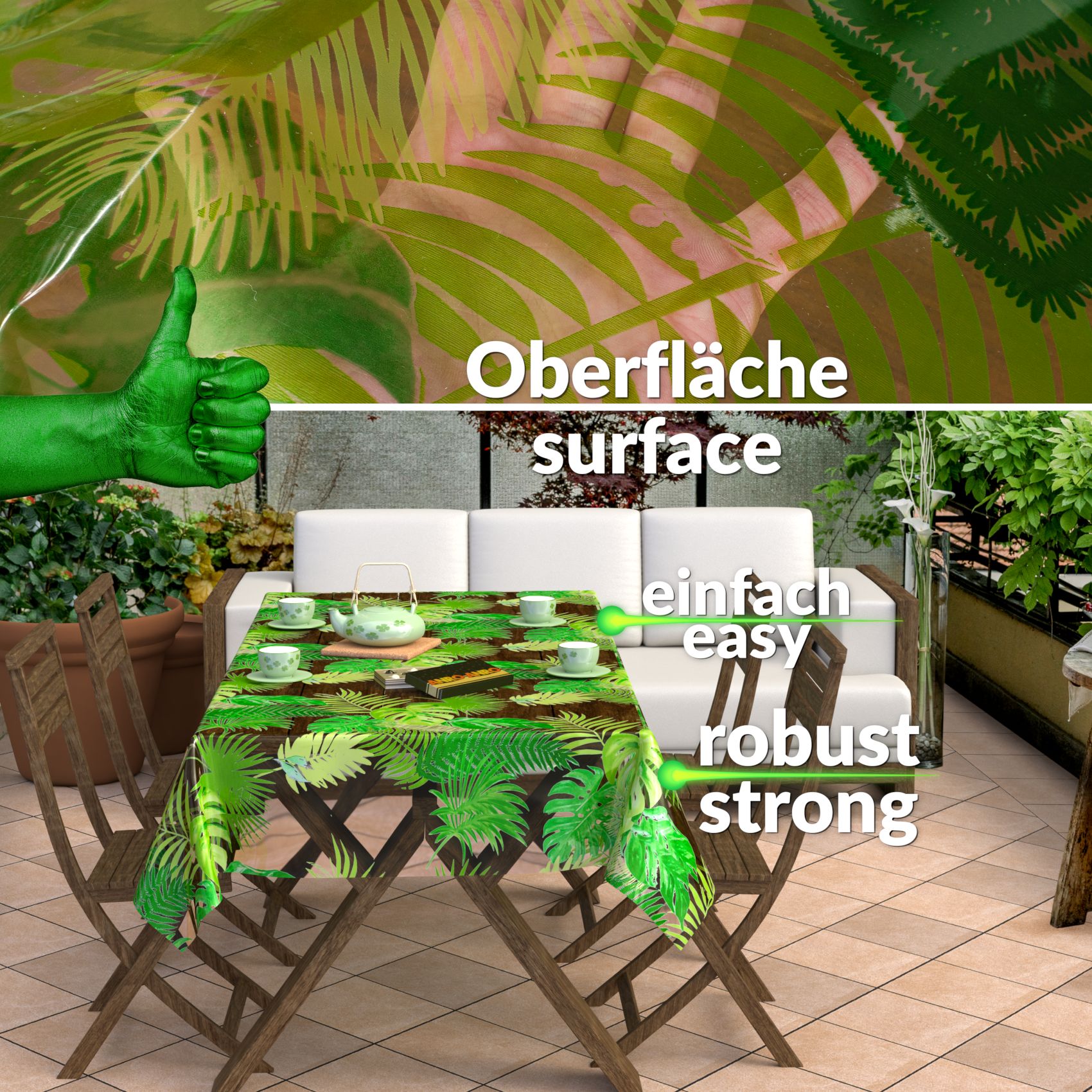 Durchsichtige Tischdecke transparent Tischschutzfolie Tischfolie Klar 0,15mm mit Muster Exotik – 100x140cm, Schnittkante
