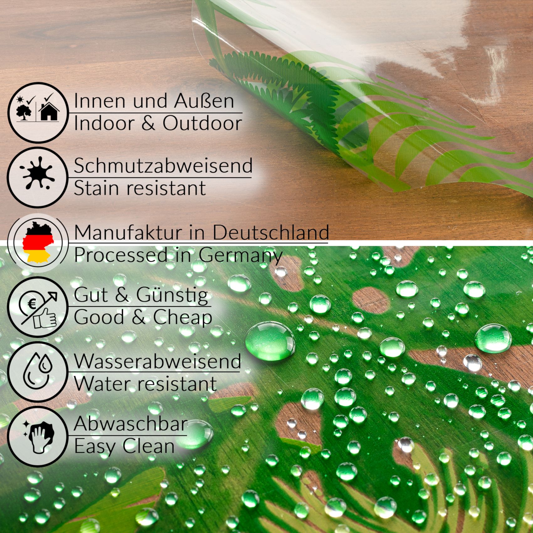 Durchsichtige Tischdecke transparent Tischschutzfolie Tischfolie Klar 0,15mm mit Muster Exotik – 100x140cm, Schnittkante