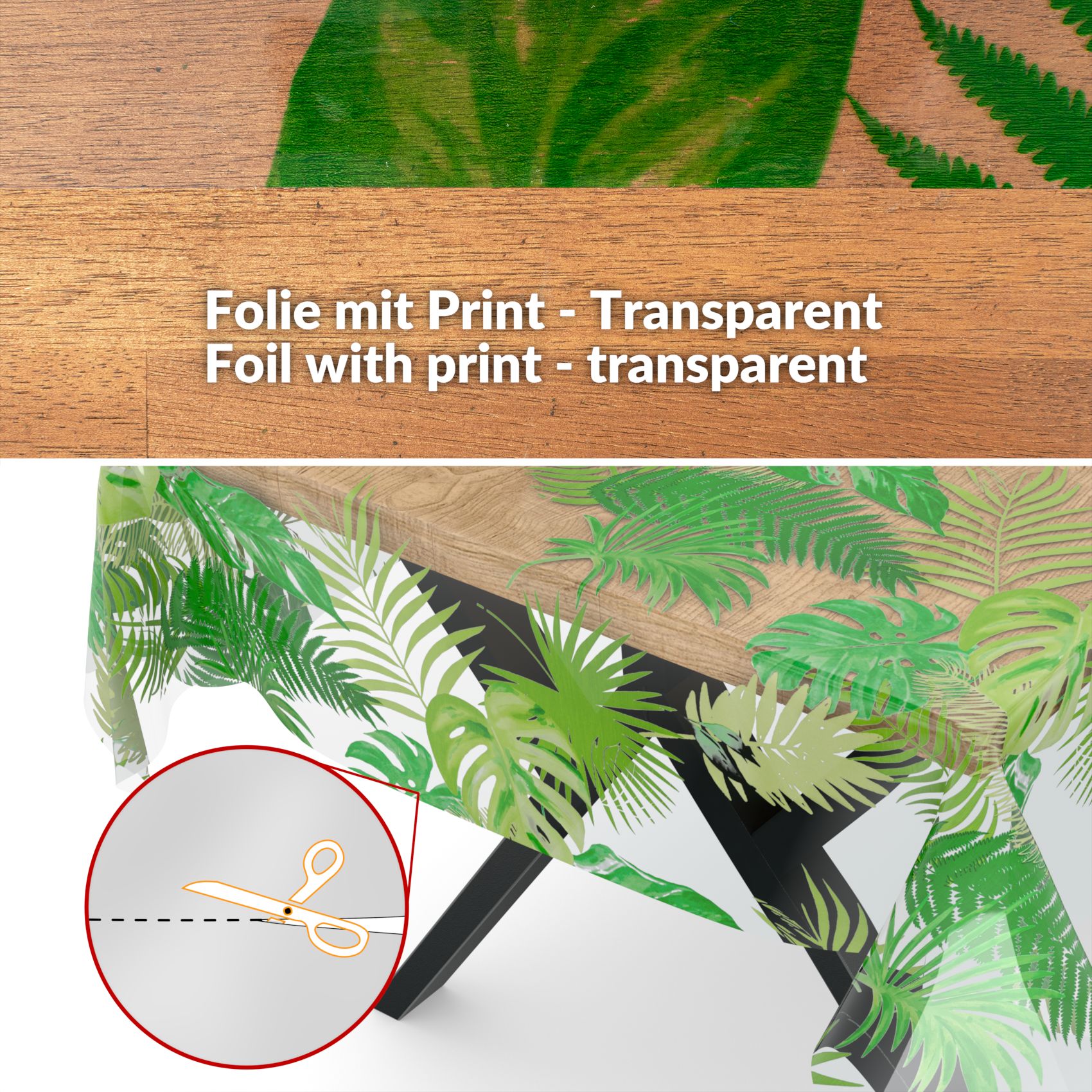 Durchsichtige Tischdecke transparent Tischschutzfolie Tischfolie Klar 0,15mm mit Muster Exotik – 100x140cm, Schnittkante