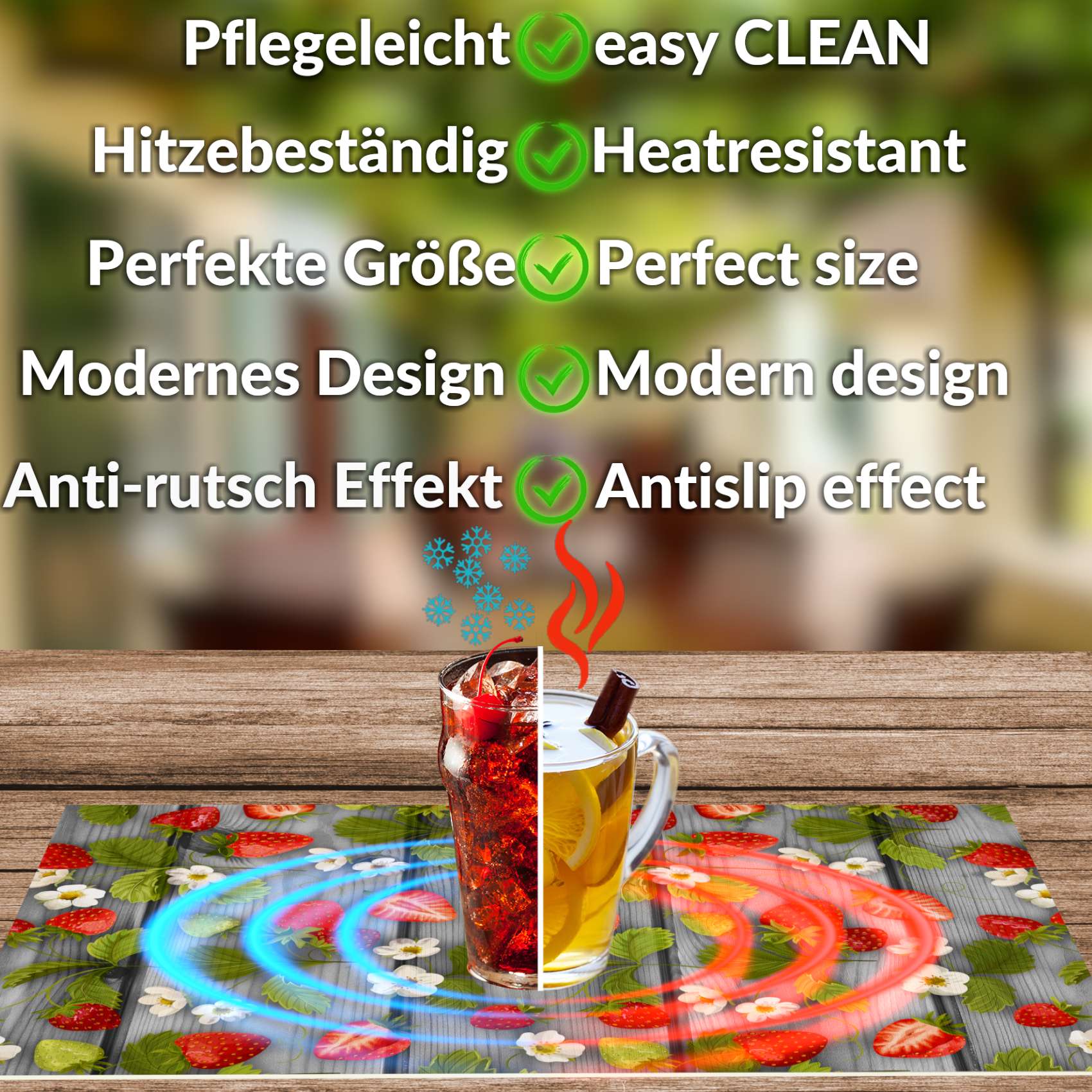 Platzsets Tischset Platzdeckchen Tischuntersetzer abwaschbar PVC hitzebeständig Gartenerdbeeren Holz Grau 35x50cm