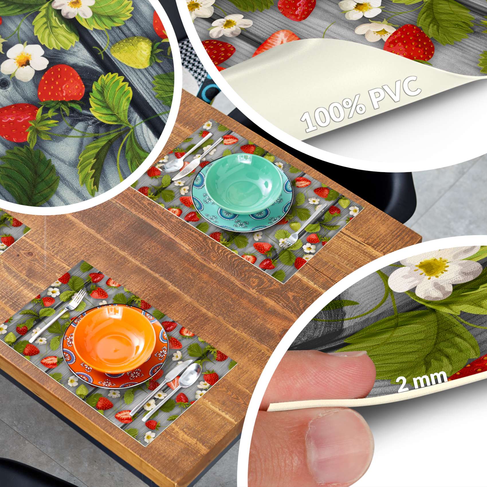 Platzsets Tischset Platzdeckchen Tischuntersetzer abwaschbar PVC hitzebeständig Gartenerdbeeren Holz Grau 35x50cm