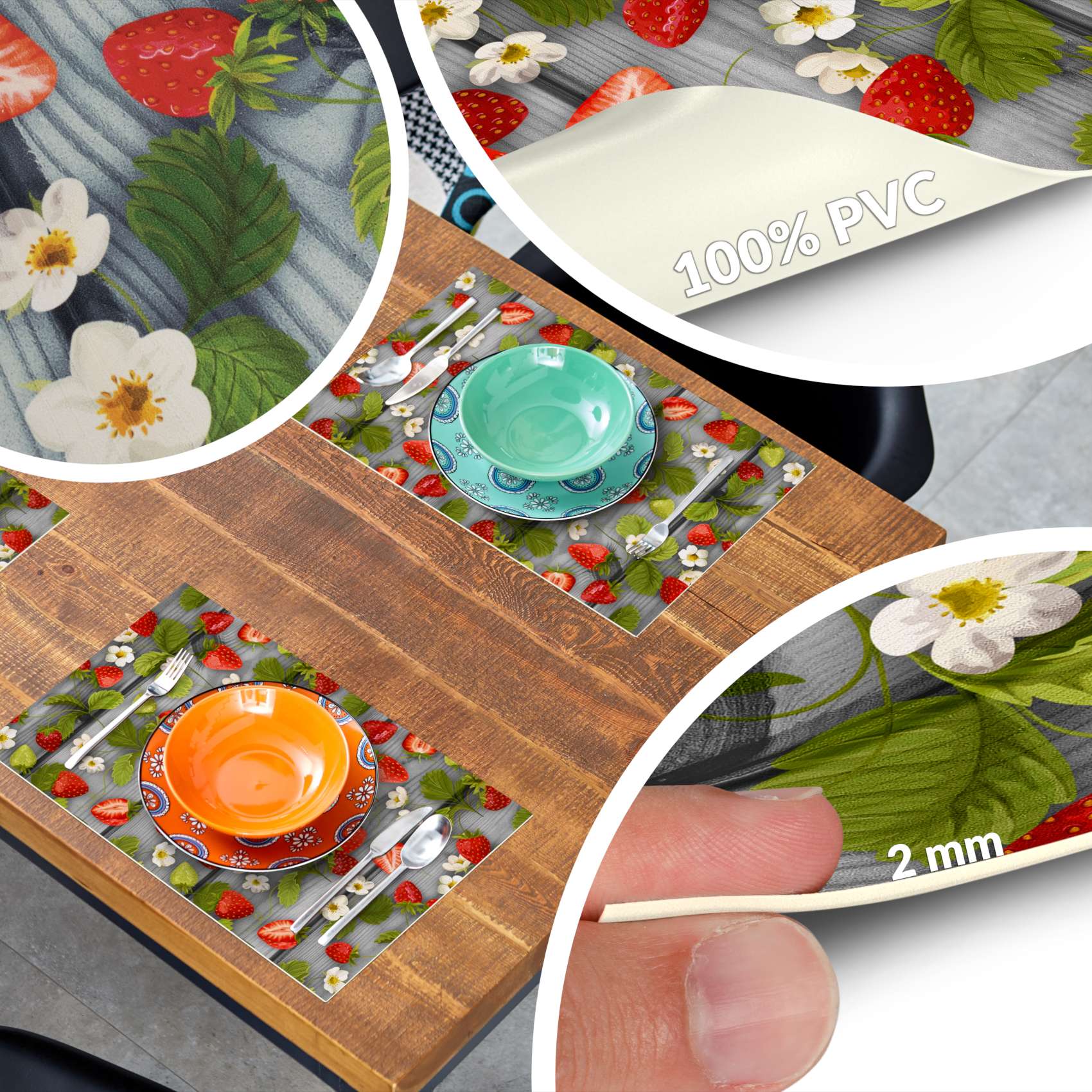 Platzsets Tischset Platzdeckchen Tischuntersetzer abwaschbar PVC hitzebeständig Gartenerdbeeren Holz Grau 35x50cm