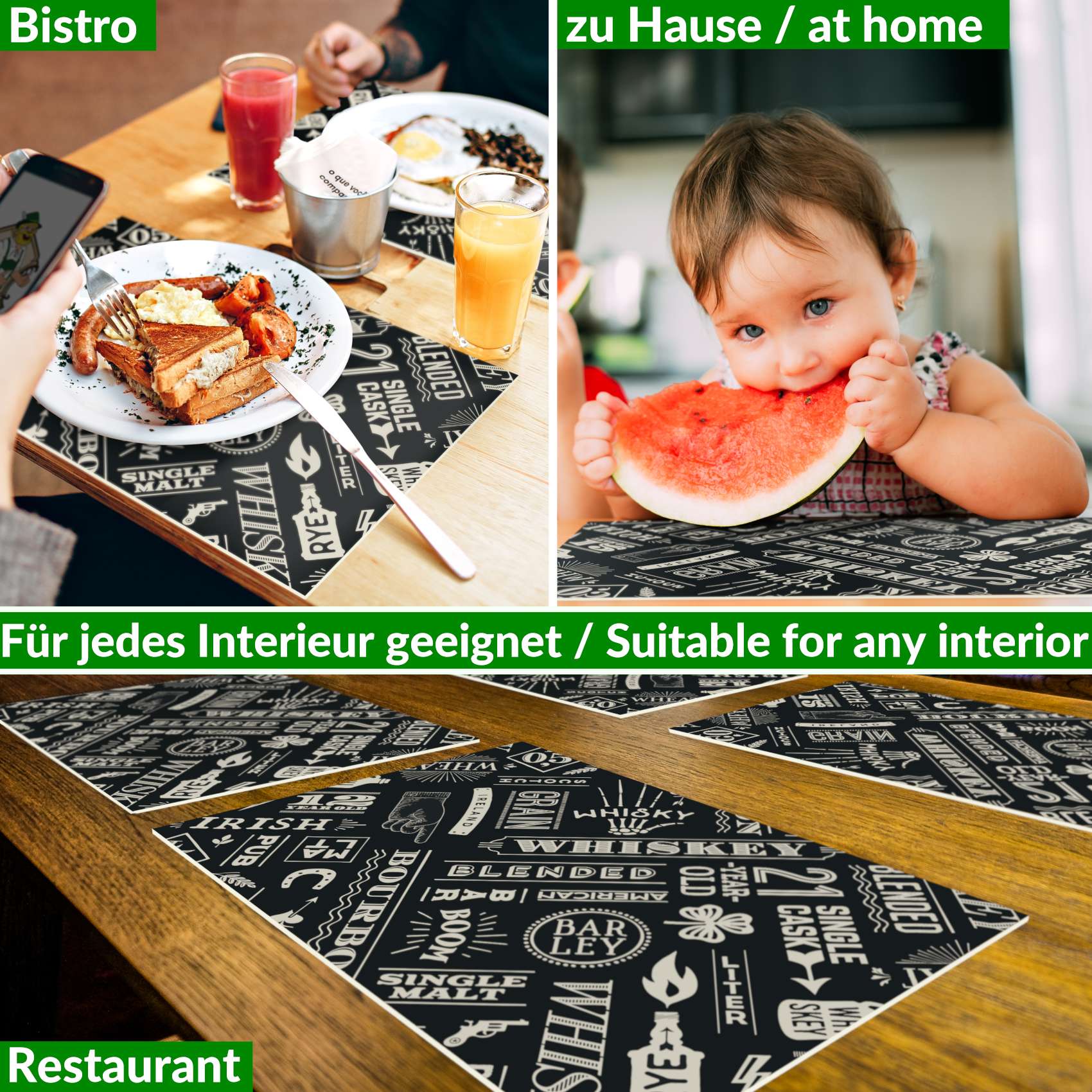 Platzsets Tischset Platzdeckchen abwaschbar Tischuntersetzer PVC hitzebeständig Whisky Anthrazit 35x50cm