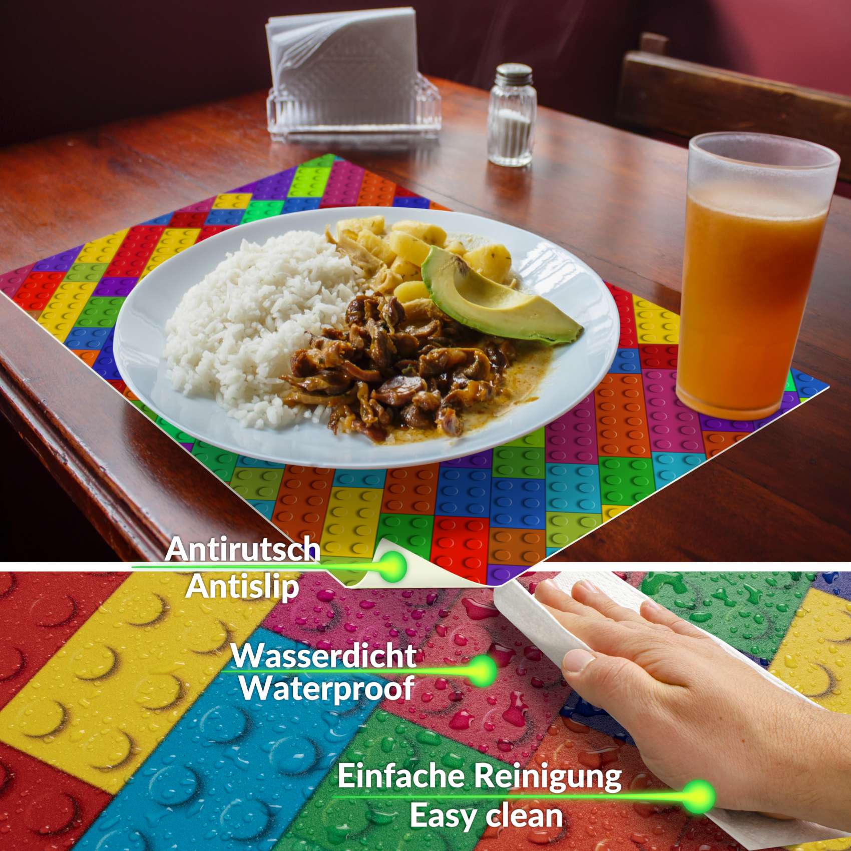Platzsets Tischset Platzdeckchen abwaschbar Tischuntersetzer PVC hitzebeständig Bunte Bausteine 35x50cm