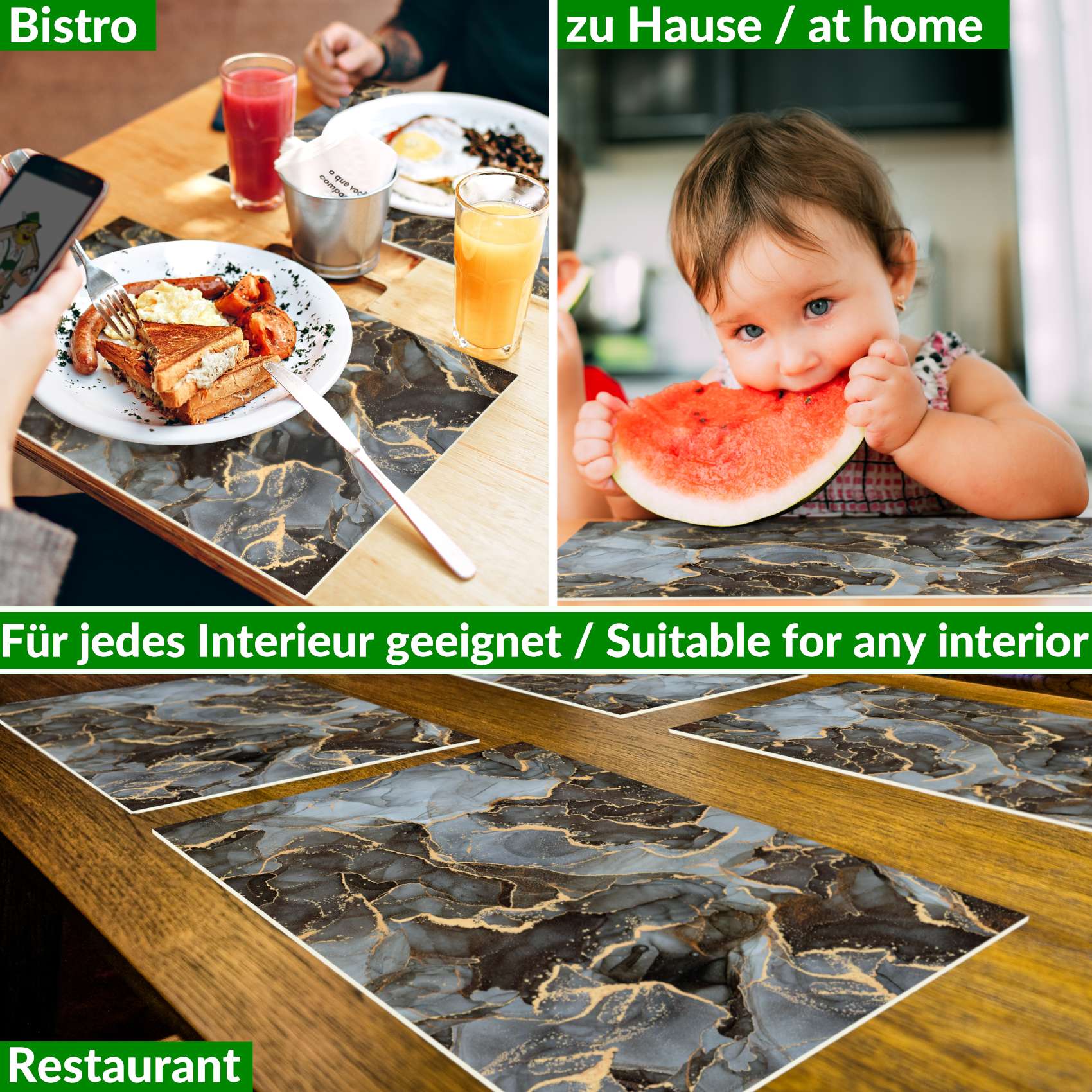 Platzsets Tischset Platzdeckchen abwaschbar Tischuntersetzer PVC hitzebeständig Marmor Dunkel 35x50cm