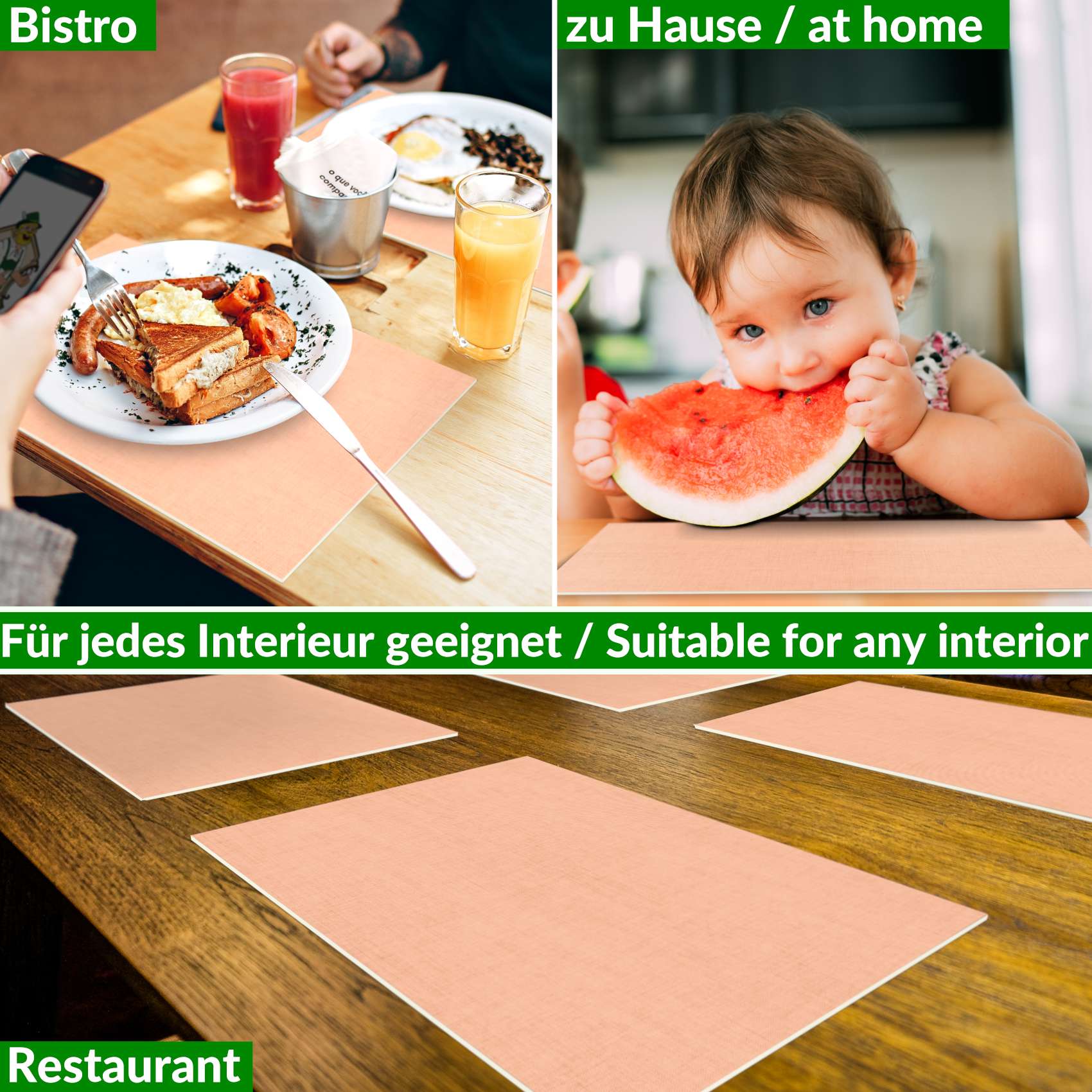 Platzsets Tischset Platzdeckchen abwaschbar Tischuntersetzer PVC hitzebeständig Uni Leinen peach 30x45cm