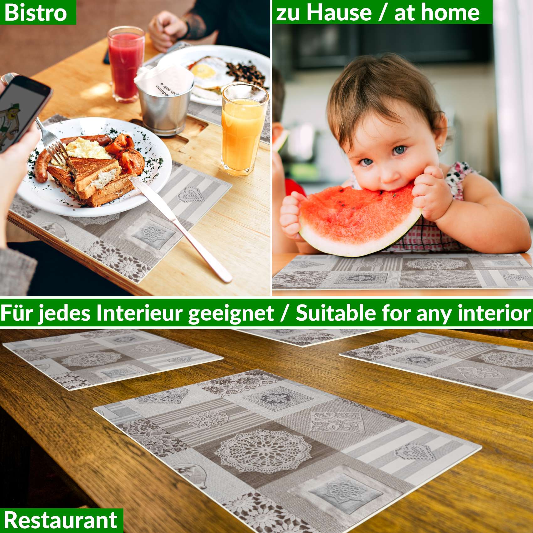 Platzsets Tischset Platzdeckchen abwaschbar Tischuntersetzer PVC hitzebeständig Patchwork Holz Liebe 30x45cm