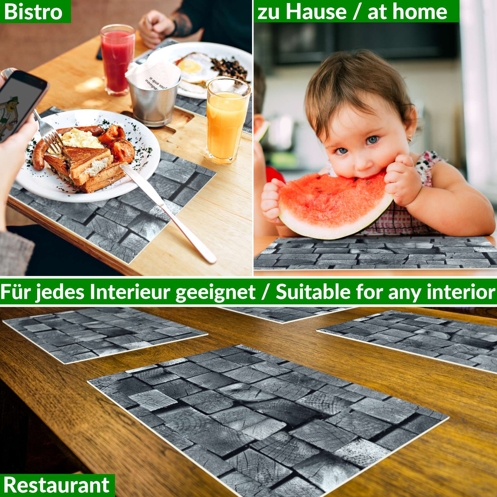 Tischset Platzset Platzdeckchen Tischmatte abwaschbar PVC Platzmatte Holz Anthrazit 30x45cm