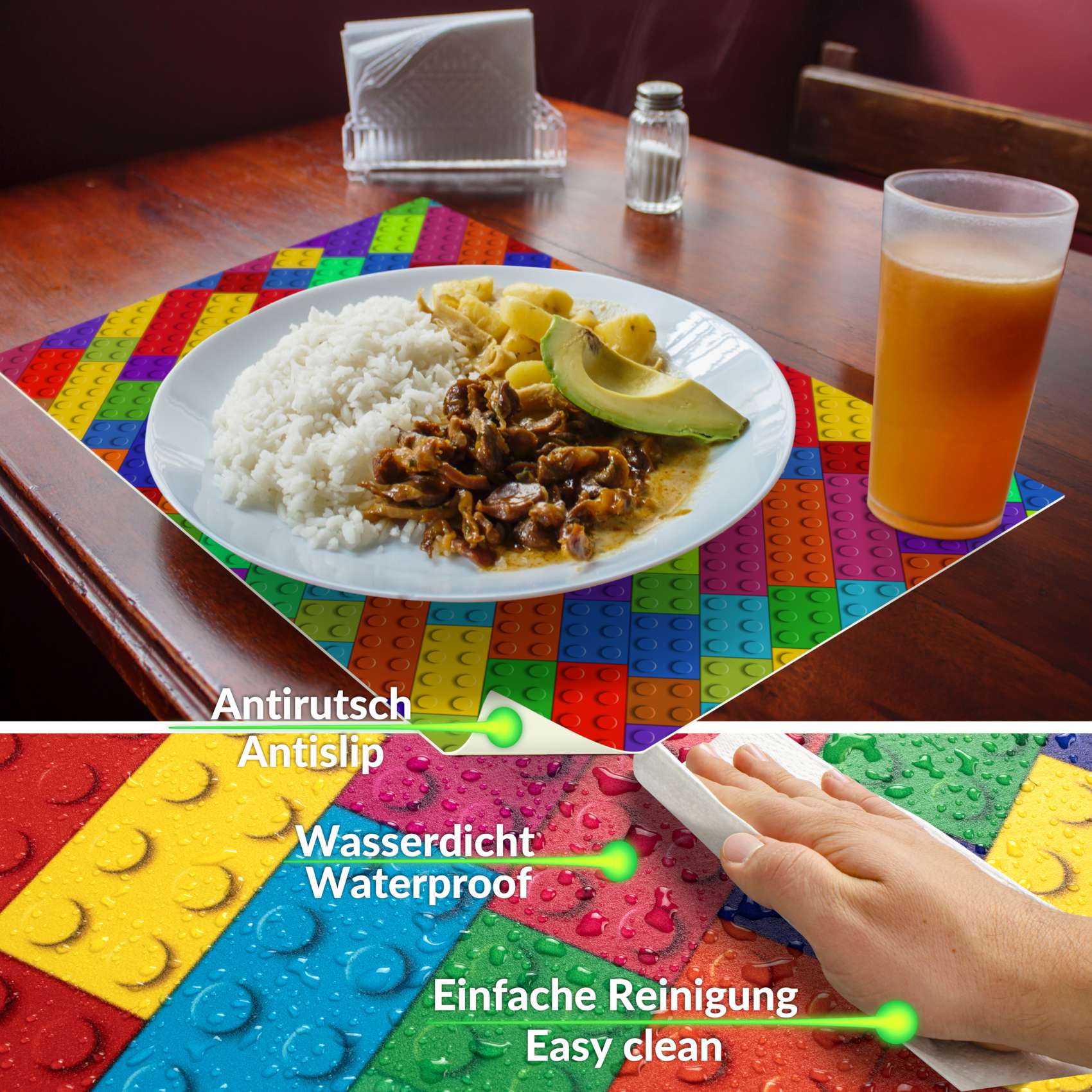 Platzsets Tischset Platzdeckchen abwaschbar Tischuntersetzer PVC hitzebeständig Bunte Bausteine 35x50cm