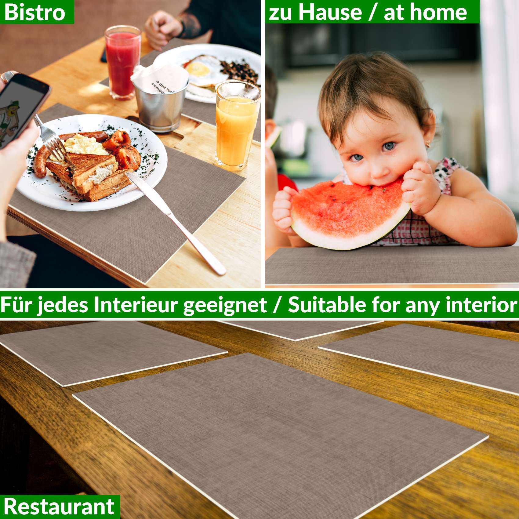 Platzsets Tischset Platzdeckchen abwaschbar Tischuntersetzer PVC hitzebeständig Uni Leinen Braun 35x50cm