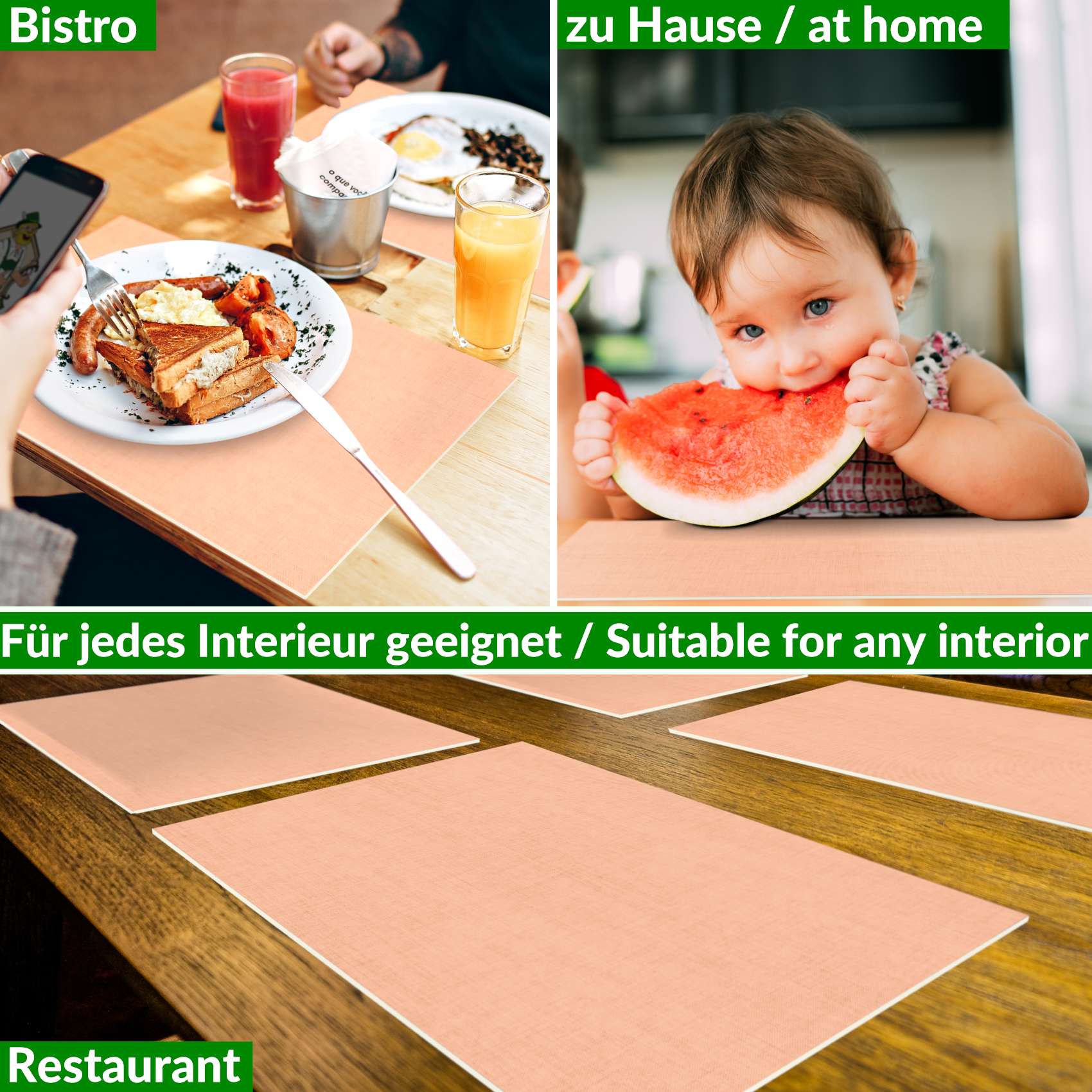 Platzsets Tischset Platzdeckchen abwaschbar Tischuntersetzer PVC hitzebeständig Uni Leinen peach 35x50cm