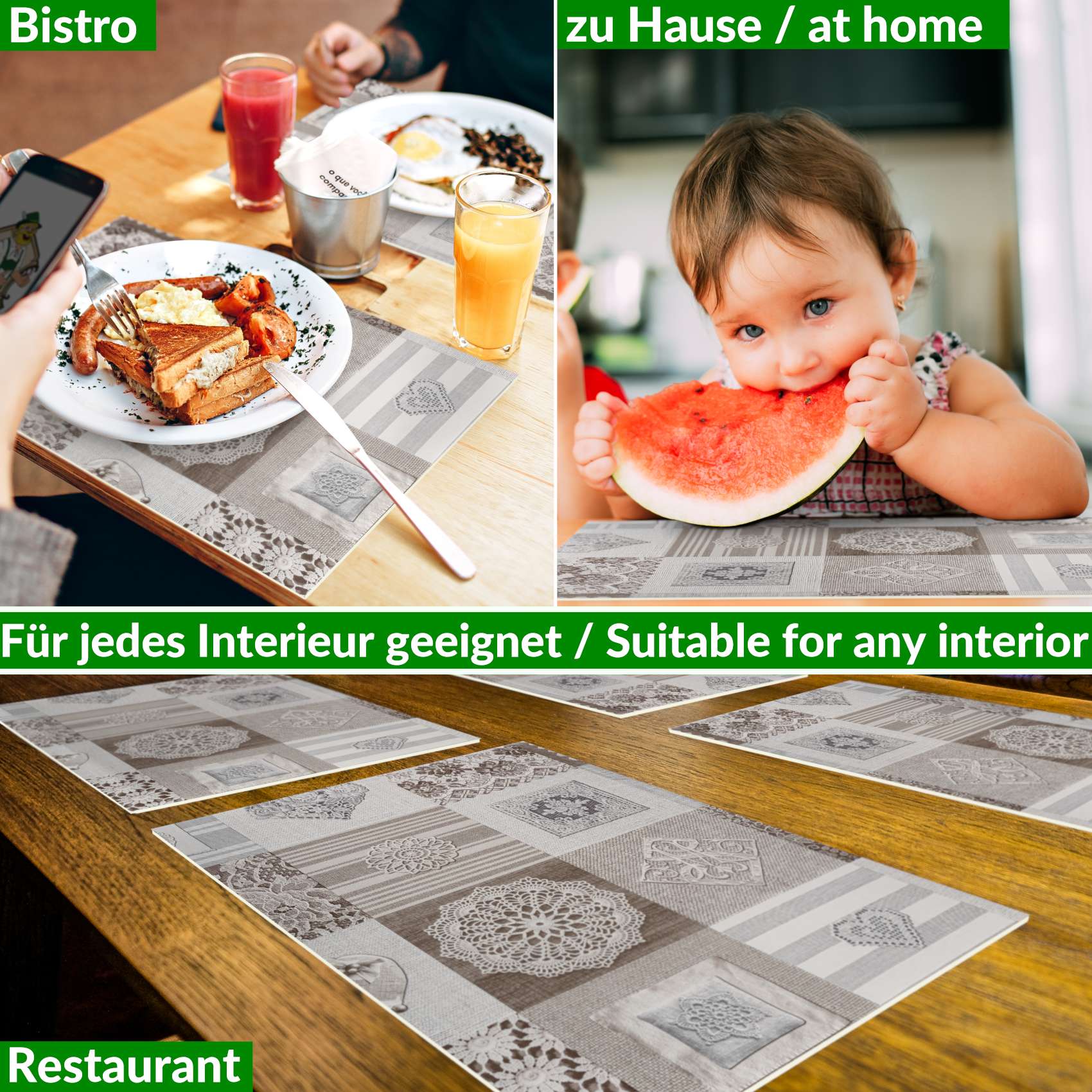 Platzsets Tischset Platzdeckchen abwaschbar Tischuntersetzer PVC hitzebeständig Patchwork Holz Liebe 35x50cm
