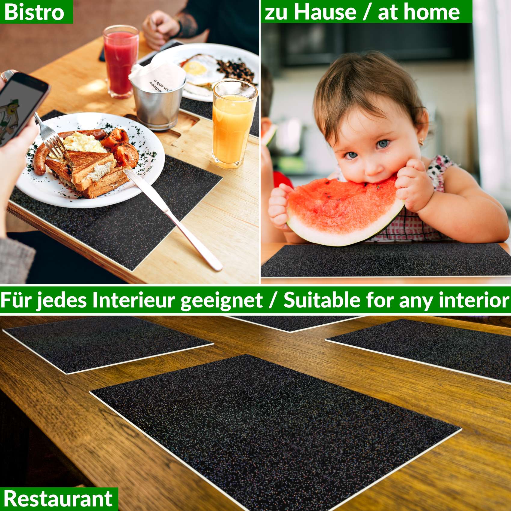 Platzsets Tischset Platzdeckchen abwaschbar Tischuntersetzer PVC hitzebeständig Glitzer Uni Schwarz 30x45cm
