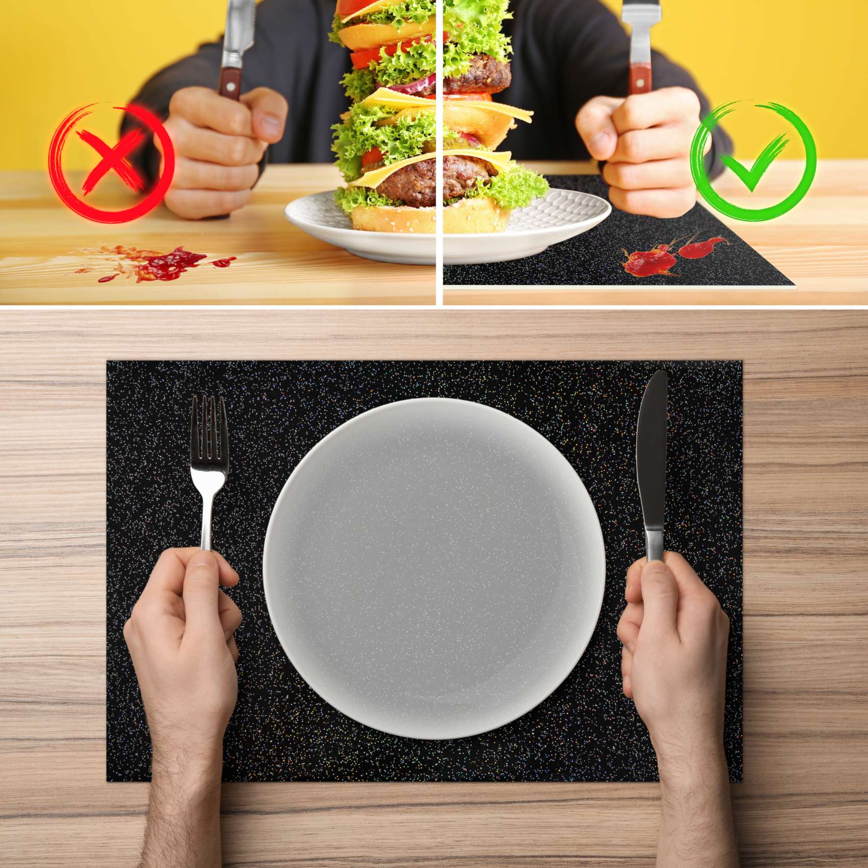 Platzsets Tischset Platzdeckchen abwaschbar Tischuntersetzer PVC hitzebeständig Glitzer Uni Schwarz 30x45cm