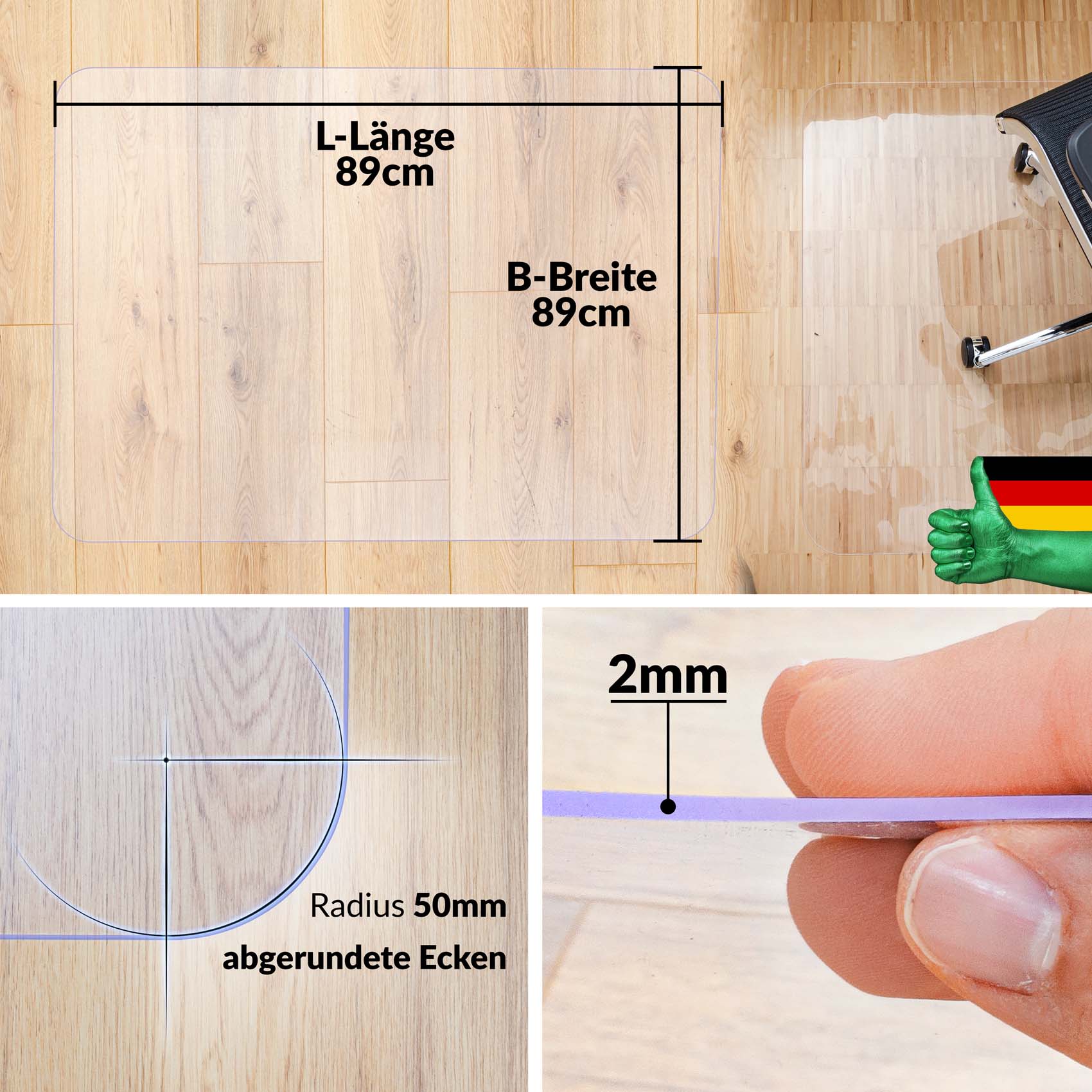TB2R089-089_40-jpg Bürostuhlunterlage transparent Bodenschutzmatte Bürostuhl Bodenschutz in vielen Größen und Formen – Rechteck, 89x89cm