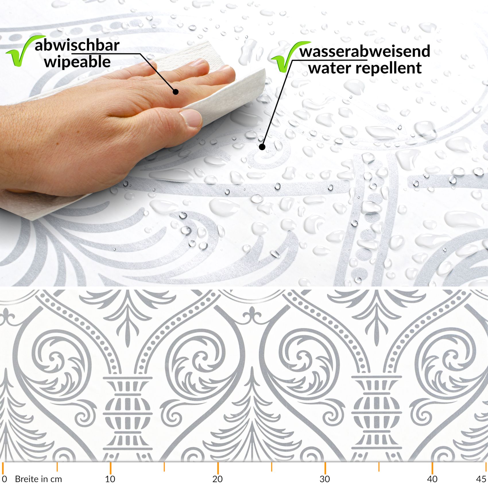 XPLG001_50 Klebefolie Möbelfolie selbstklebende Folie Dekofolie matt 0,45x2m PVC-frei – Ornament Silber Grau