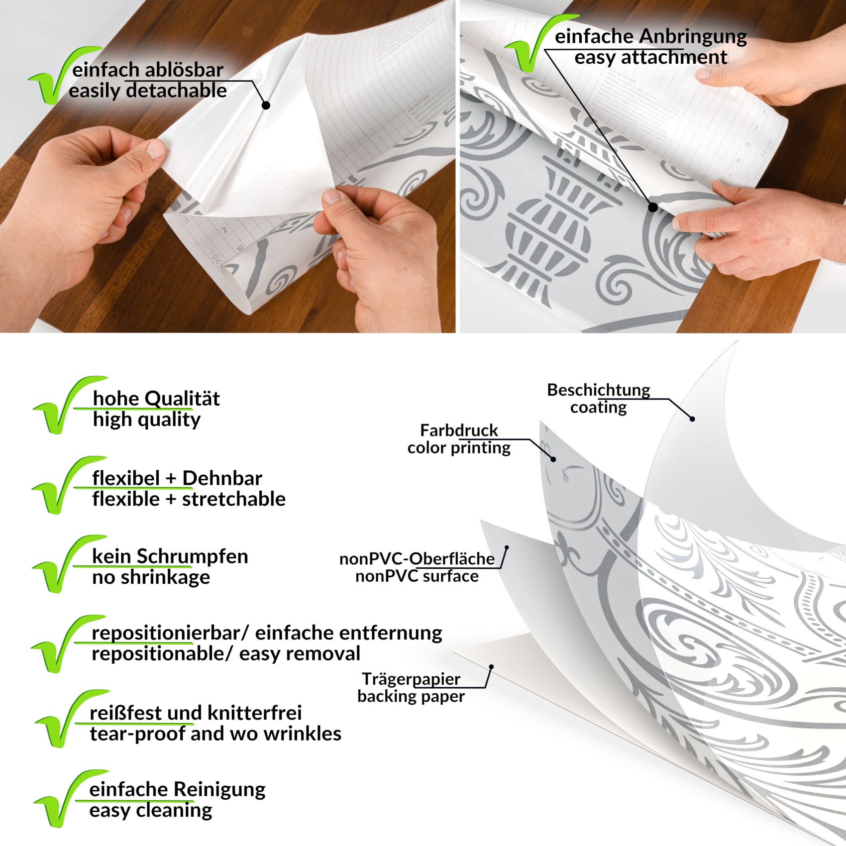 XPLG001_20 Klebefolie Möbelfolie selbstklebende Folie Dekofolie matt 0,45x2m PVC-frei – Ornament Silber Grau