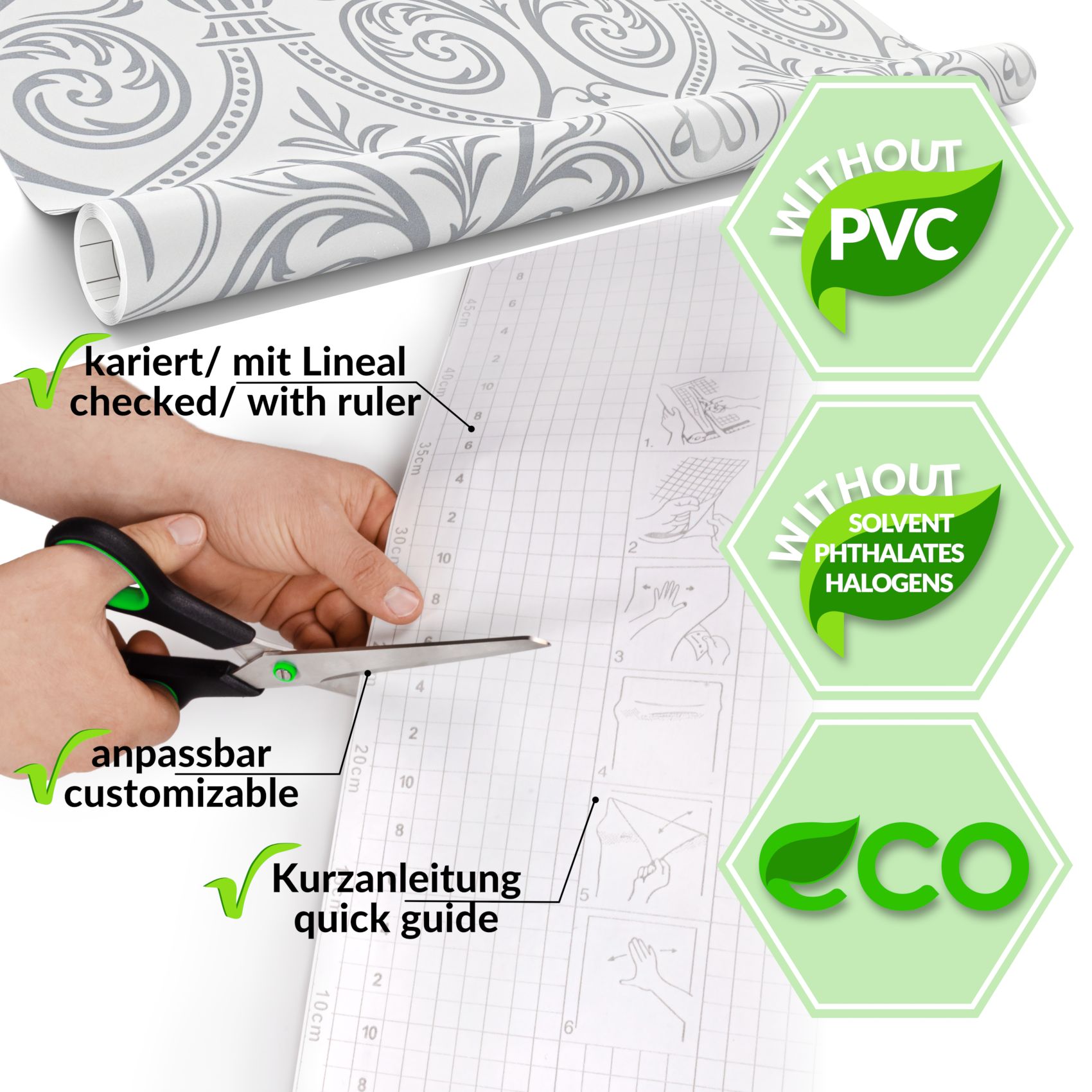 XPLG001_30 Klebefolie Möbelfolie selbstklebende Folie Dekofolie matt 0,45x2m PVC-frei – Ornament Silber Grau