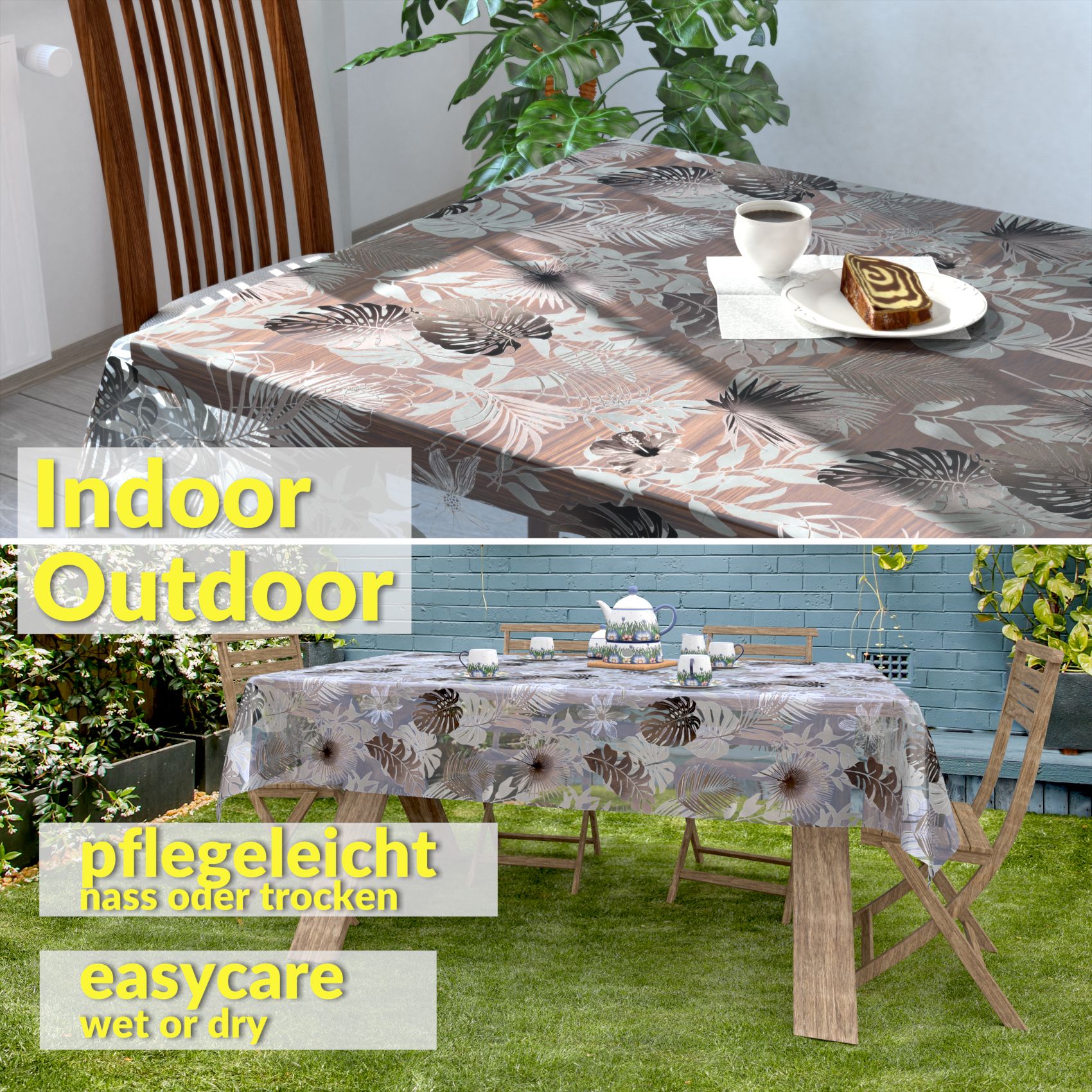 BRST5191_30 Transparente Tischdecke durchsichtig Tischfolie Folie Tischschutzfolie Vinyl 0,15mm mit Muster Blätter Silber Grau