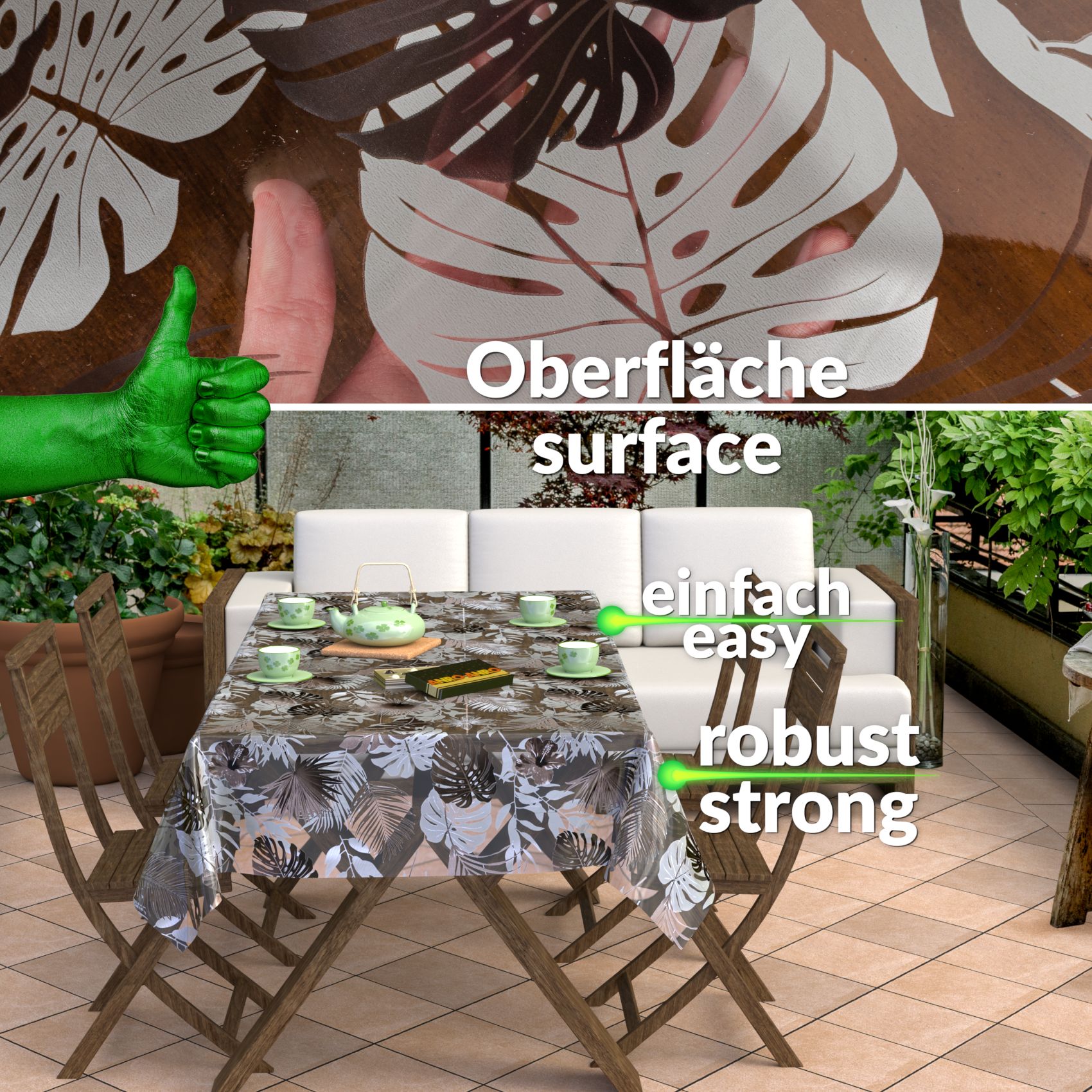 BRST5191_80SQ Transparente Tischdecke durchsichtig Tischfolie Folie Tischschutzfolie Vinyl 0,15mm mit Muster Blätter Silber Grau