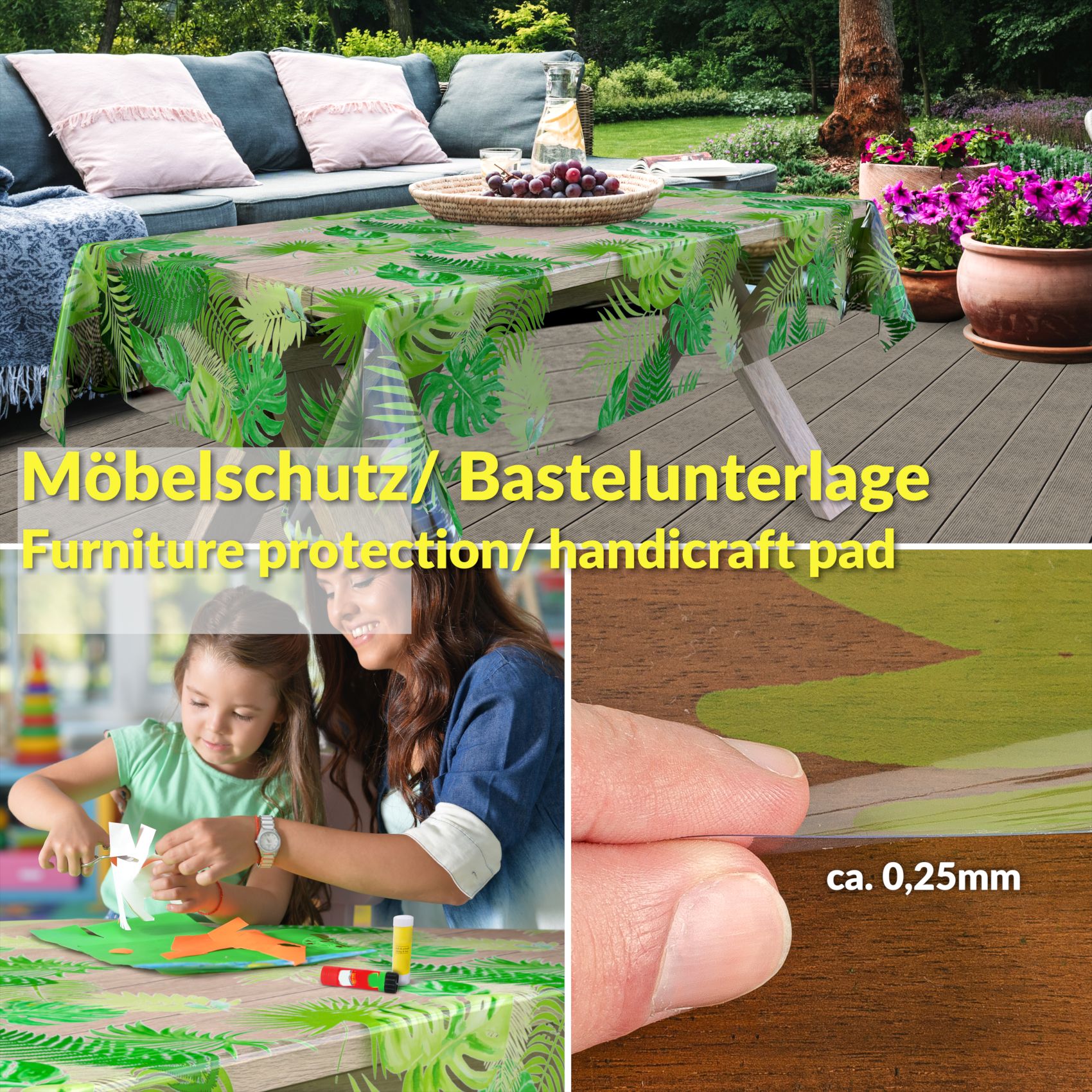 E42600C_30 Durchsichtige Tischdecke transparent Tischschutzfolie Tischfolie Klar 0,15mm mit Muster Exotik