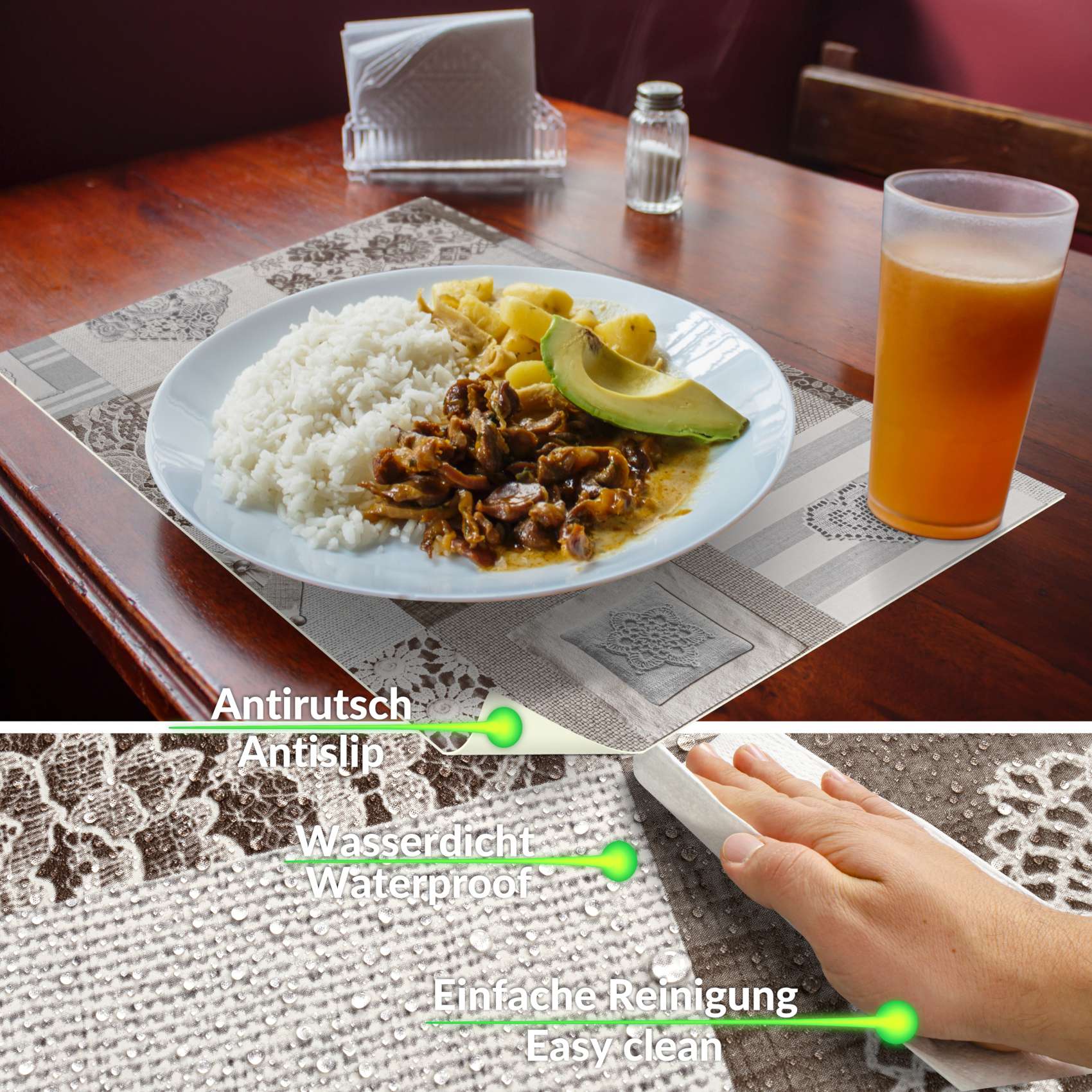 TTPL7665_30B Platzsets Tischset Platzdeckchen abwaschbar Tischuntersetzer PVC hitzebeständig Patchwork Holz Liebe 35x50cm