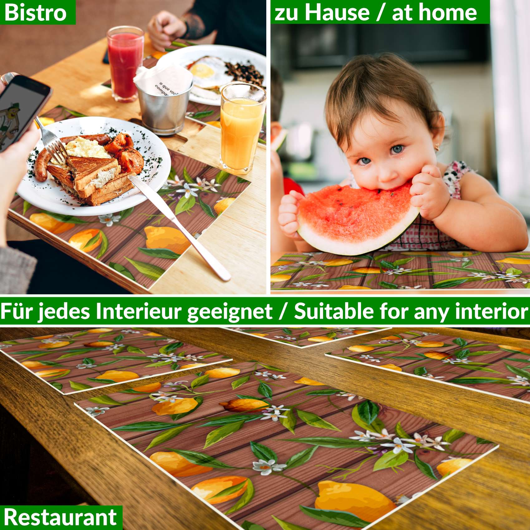 Platzsets Tischset Platzdeckchen abwaschbar Tischuntersetzer PVC hitzebeständig Zitrone Braun Grau 35x50cm