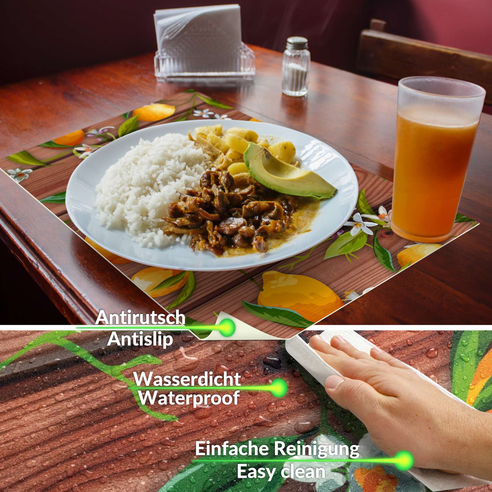 Platzsets Tischset Platzdeckchen abwaschbar Tischuntersetzer PVC hitzebeständig Zitrone Braun Grau 35x50cm