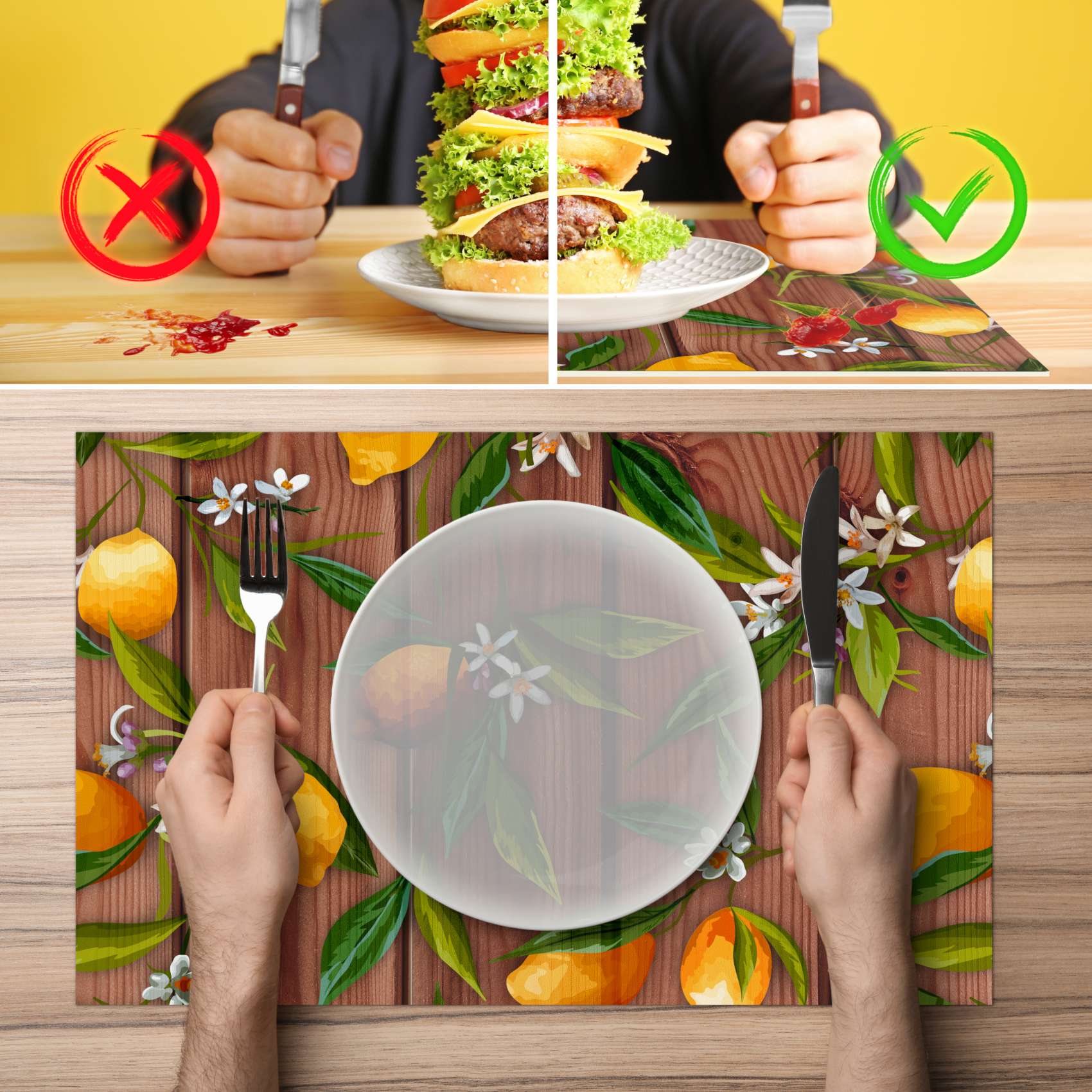 Platzsets Tischset Platzdeckchen abwaschbar Tischuntersetzer PVC hitzebeständig Zitrone Braun Grau 35x50cm