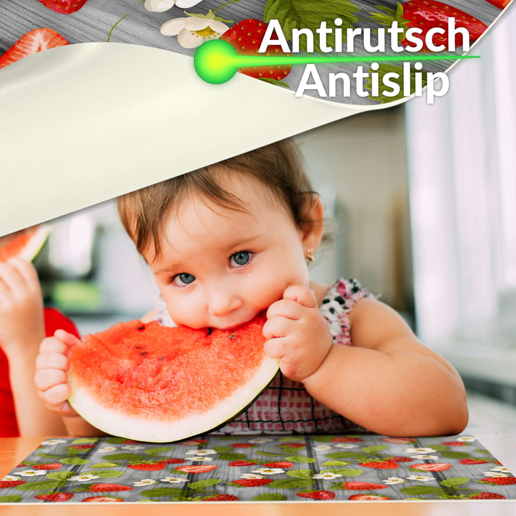 Platzsets Tischset Platzdeckchen Tischuntersetzer abwaschbar PVC hitzebeständig Gartenerdbeeren Holz Grau 35x50cm