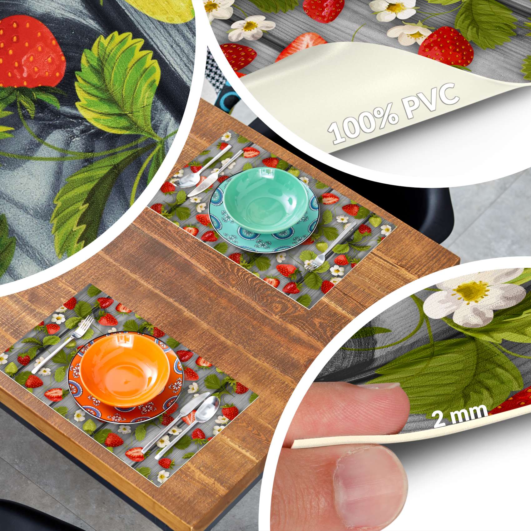 Platzsets Tischset Platzdeckchen Tischuntersetzer abwaschbar PVC hitzebeständig Gartenerdbeeren Holz Grau 35x50cm