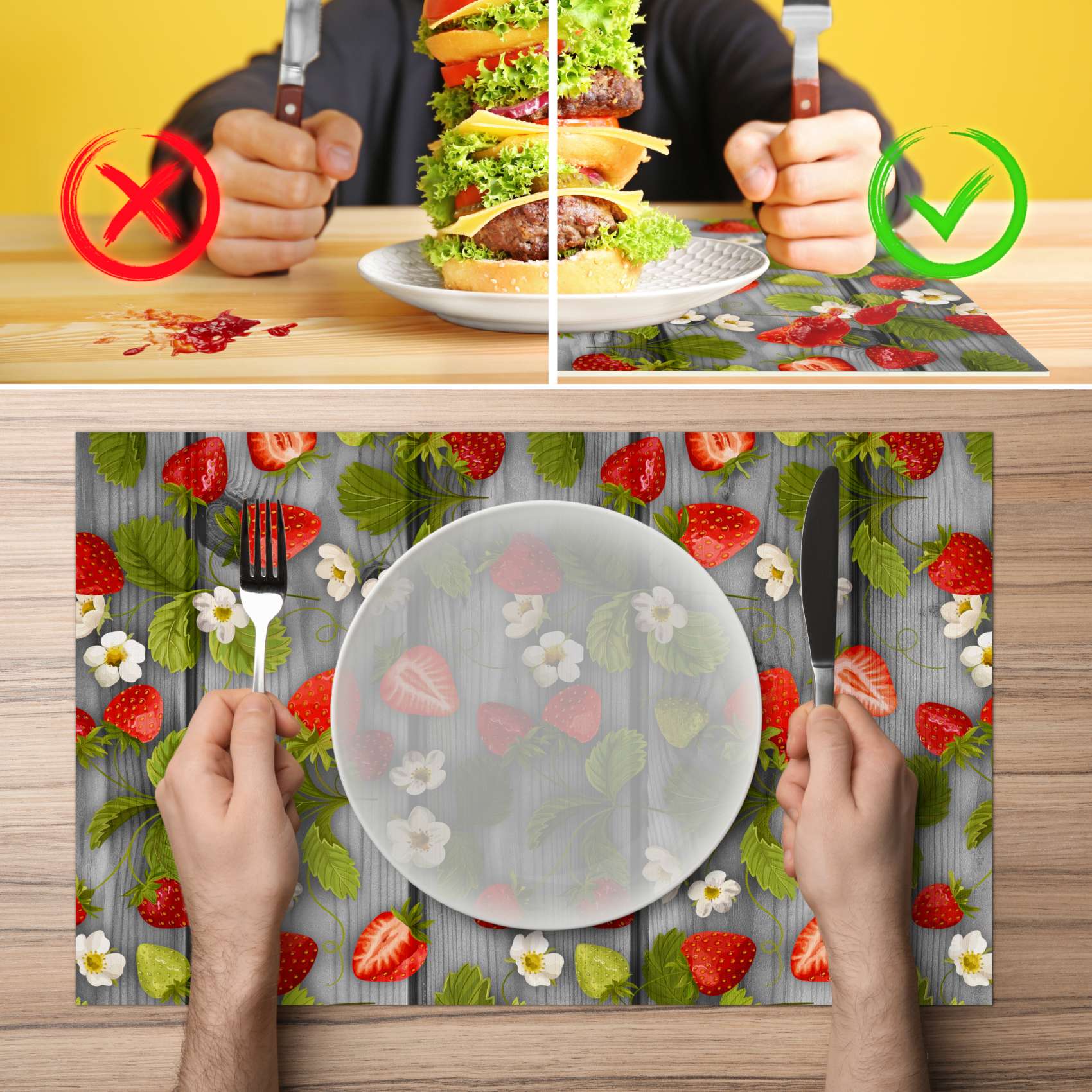 Platzsets Tischset Platzdeckchen Tischuntersetzer abwaschbar PVC hitzebeständig Gartenerdbeeren Holz Grau 35x50cm