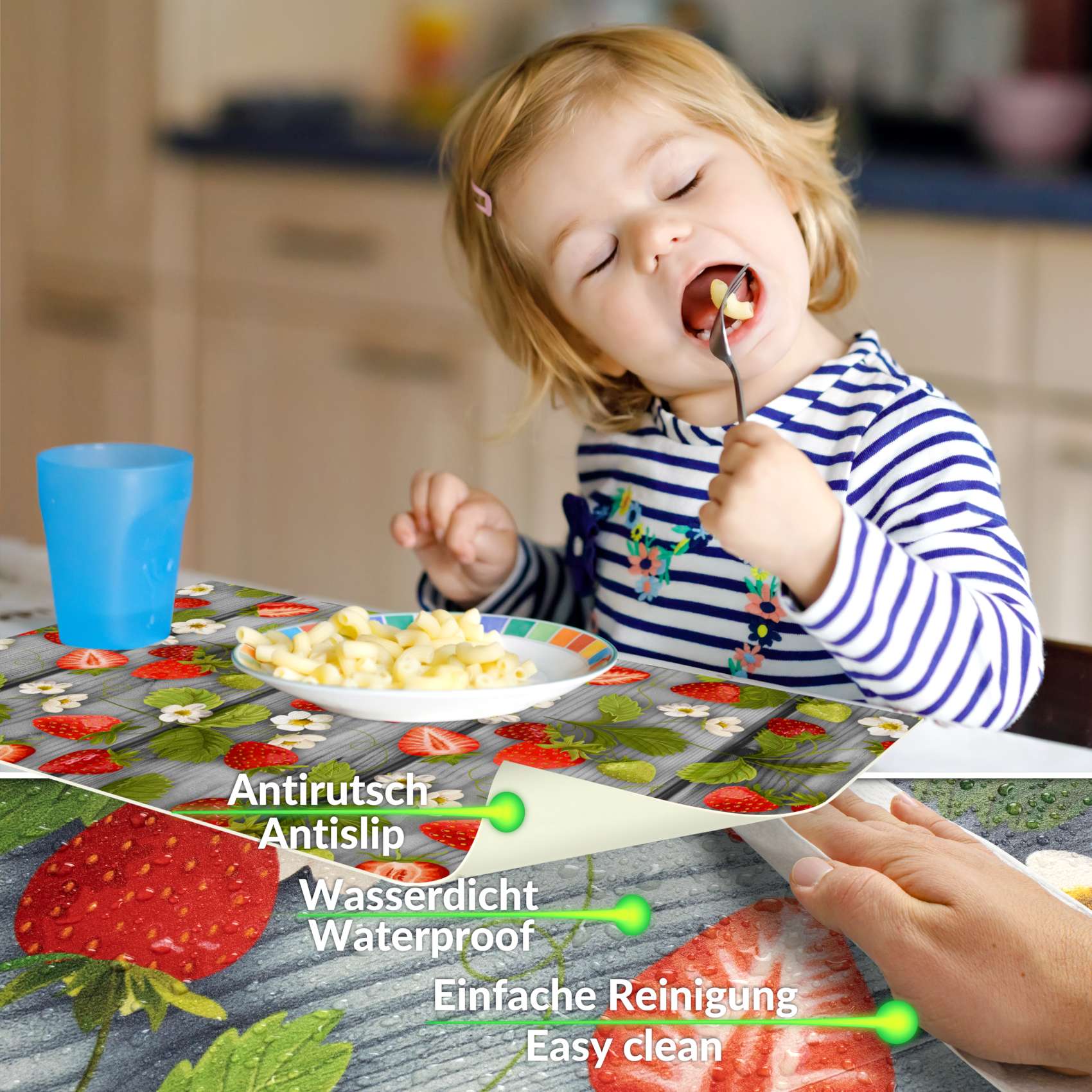 Platzsets Tischset Platzdeckchen Tischuntersetzer abwaschbar PVC hitzebeständig Gartenerdbeeren Holz Grau 35x50cm