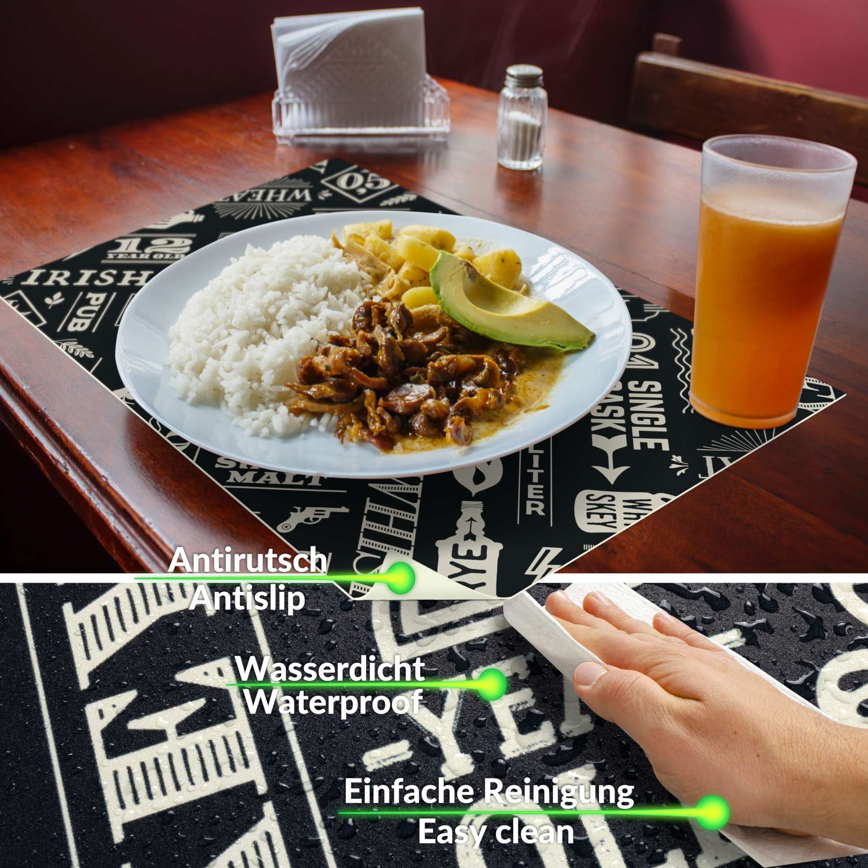 Platzsets Tischset Platzdeckchen abwaschbar Tischuntersetzer PVC hitzebeständig Whisky Anthrazit 35x50cm