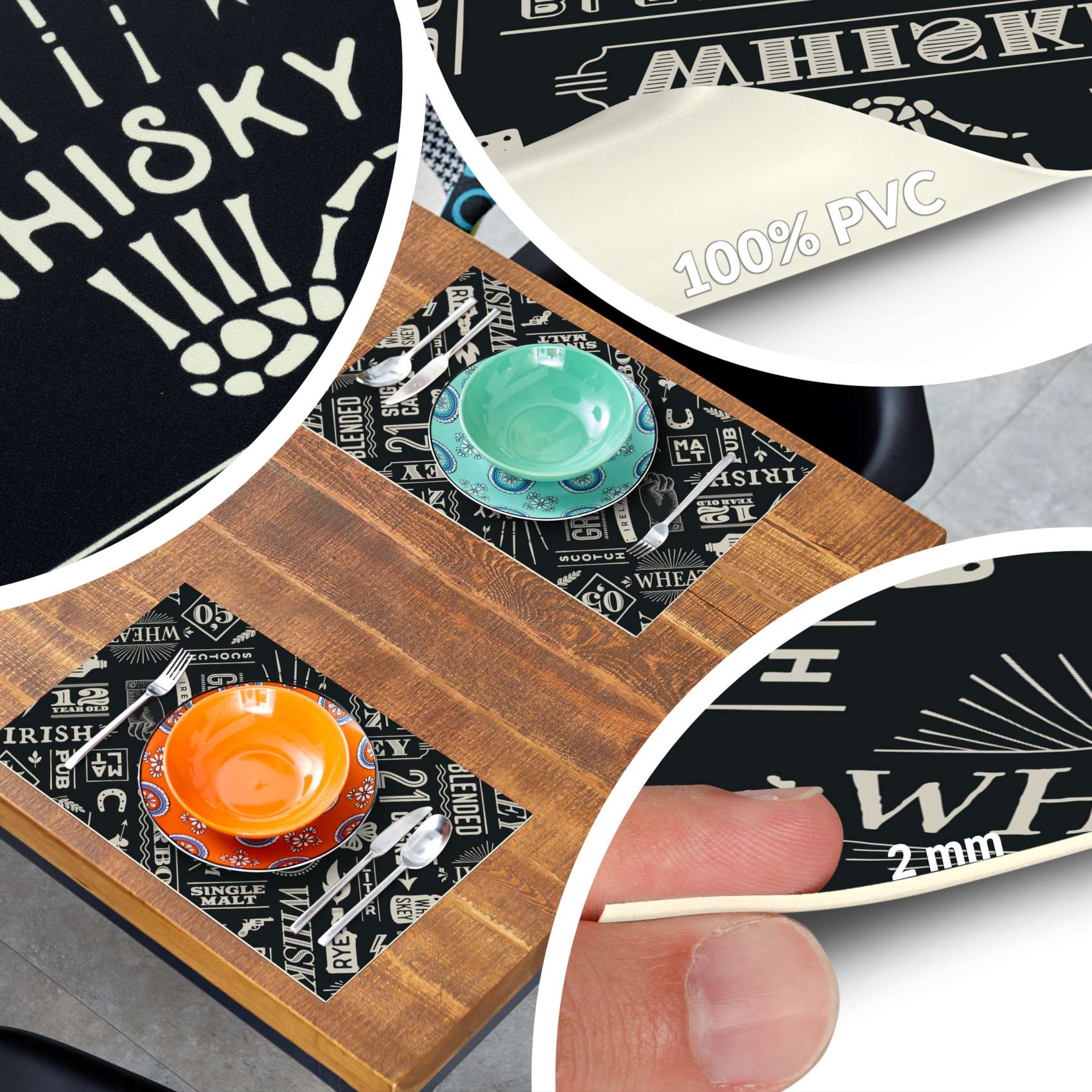 Platzsets Tischset Platzdeckchen abwaschbar Tischuntersetzer PVC hitzebeständig Whisky Anthrazit 35x50cm