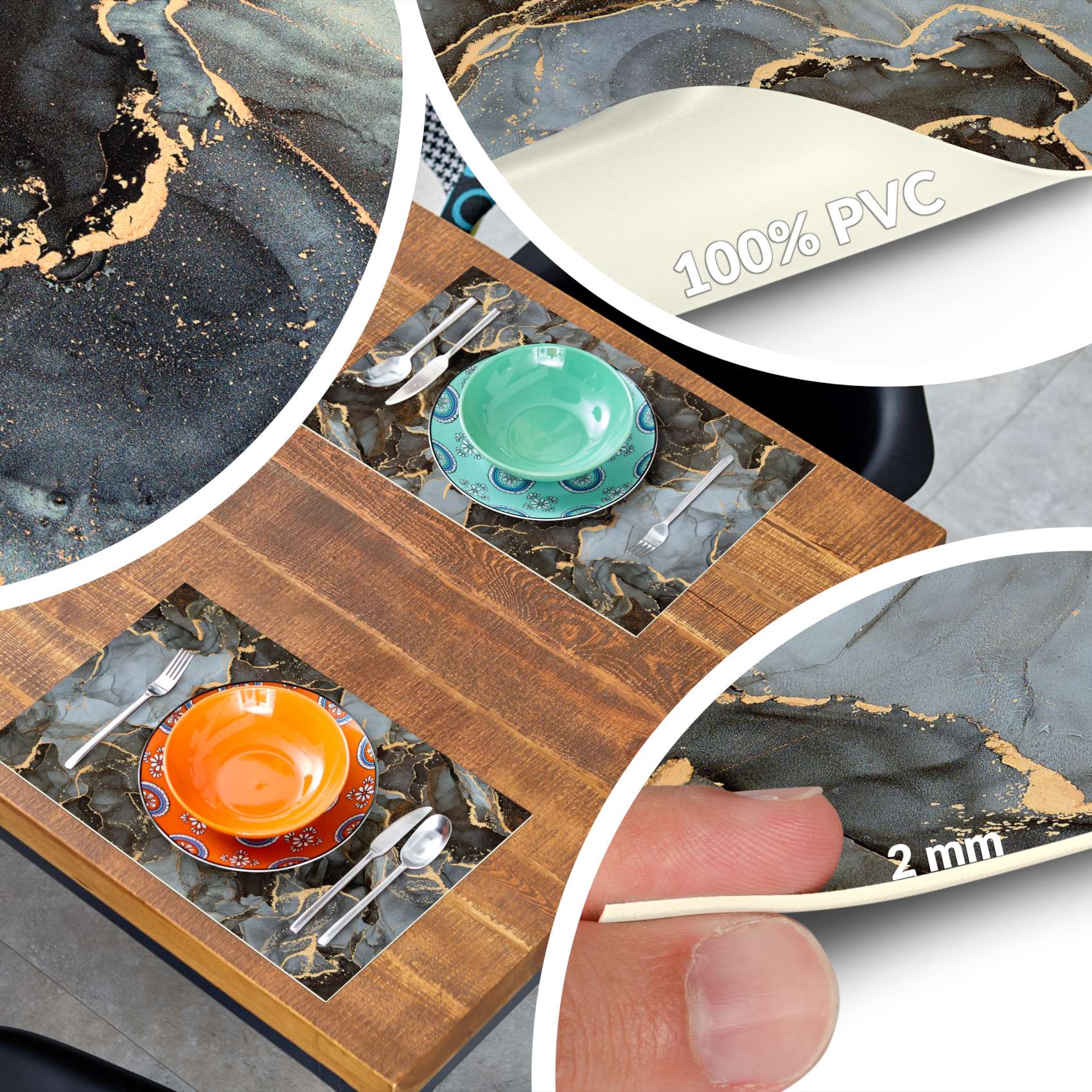 Platzsets Tischset Platzdeckchen abwaschbar Tischuntersetzer PVC hitzebeständig Marmor Dunkel 35x50cm