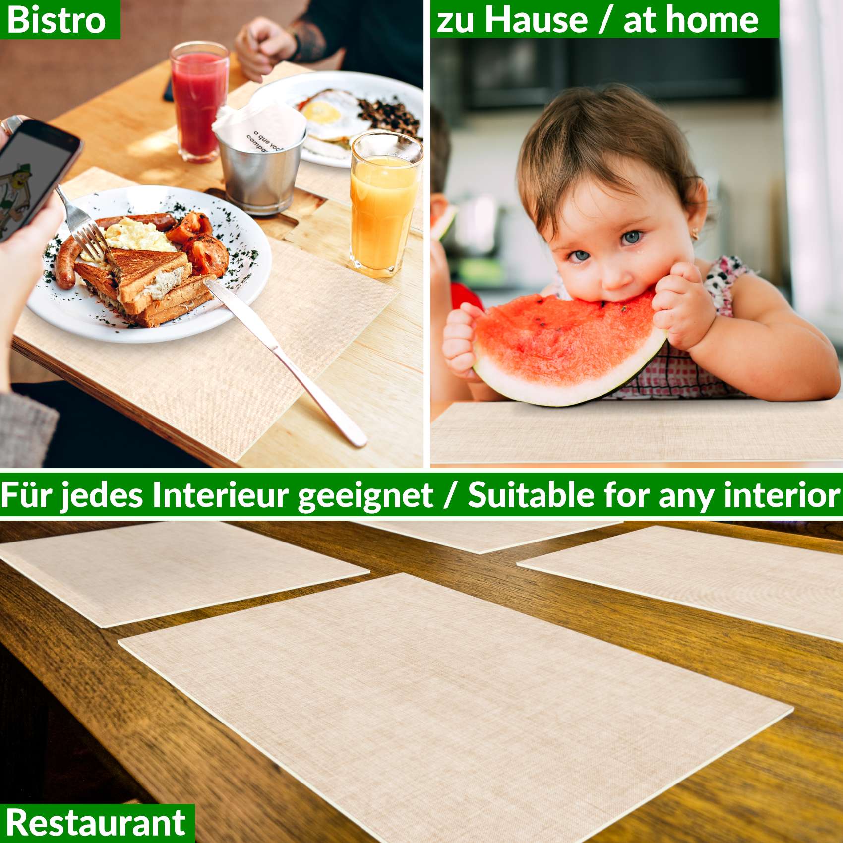 Platzsets Tischset Platzdeckchen abwaschbar Tischuntersetzer PVC hitzebeständig Uni Leinen Beige 35x50cm