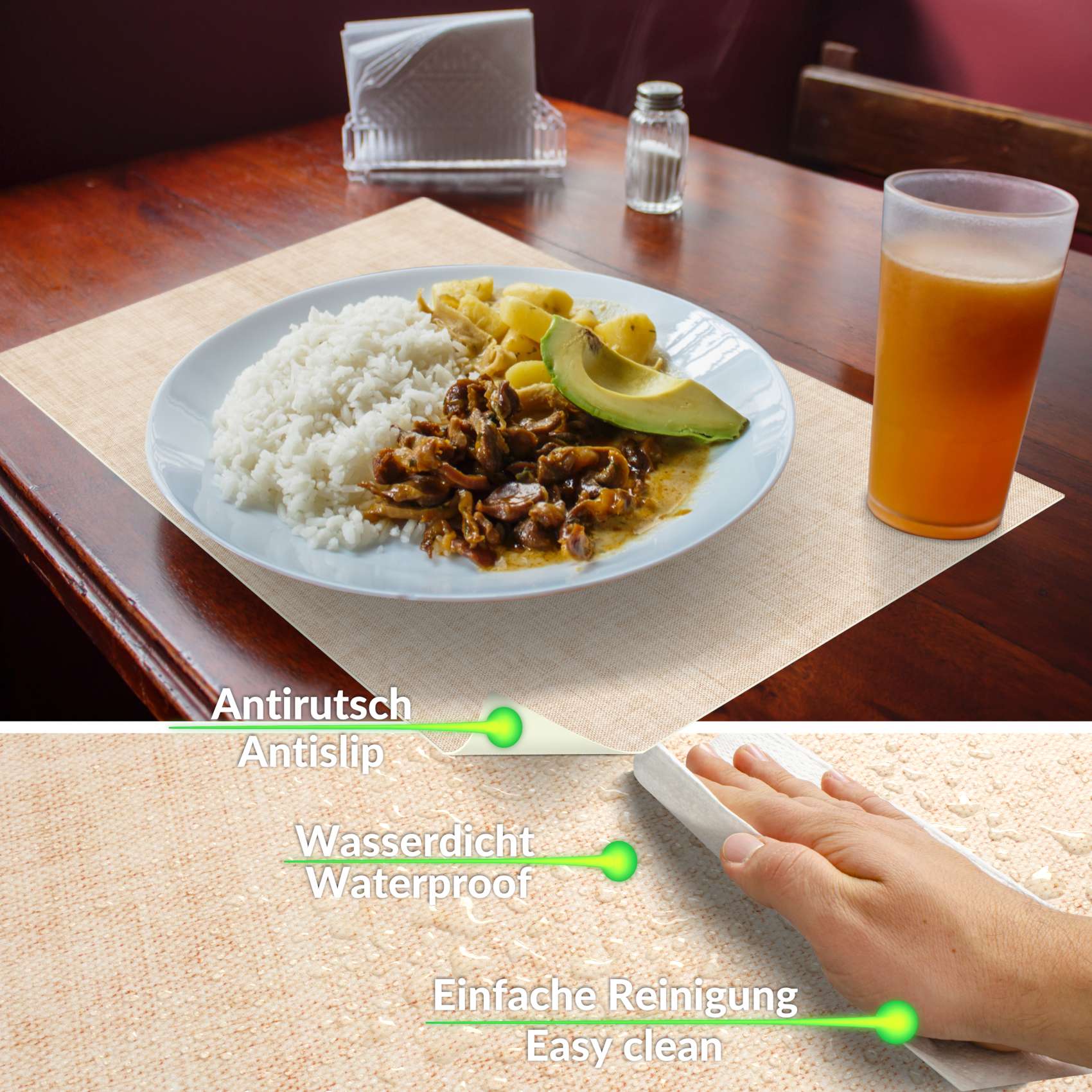 Platzsets Tischset Platzdeckchen abwaschbar Tischuntersetzer PVC hitzebeständig Uni Leinen Beige 35x50cm