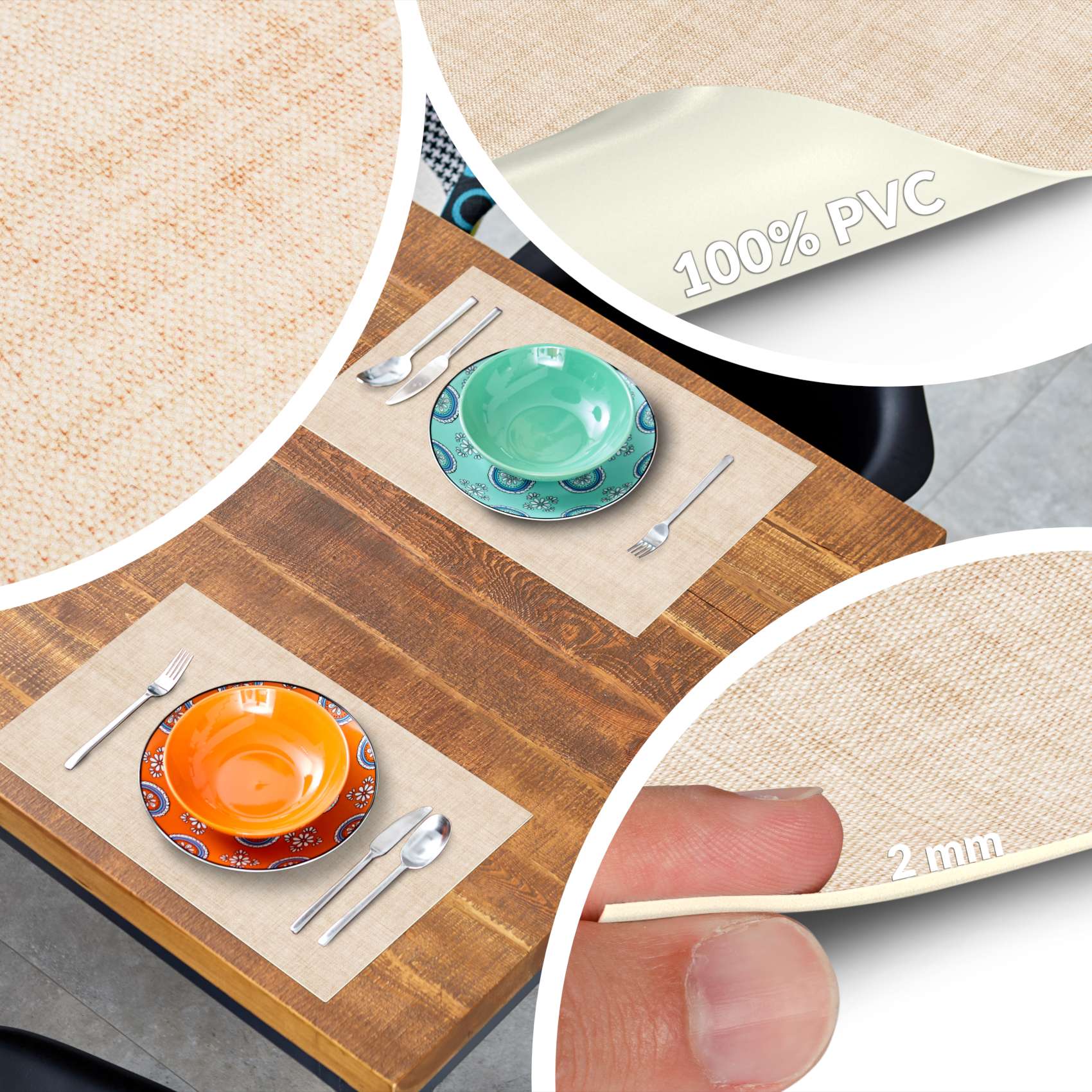 Platzsets Tischset Platzdeckchen abwaschbar Tischuntersetzer PVC hitzebeständig Uni Leinen Beige 35x50cm