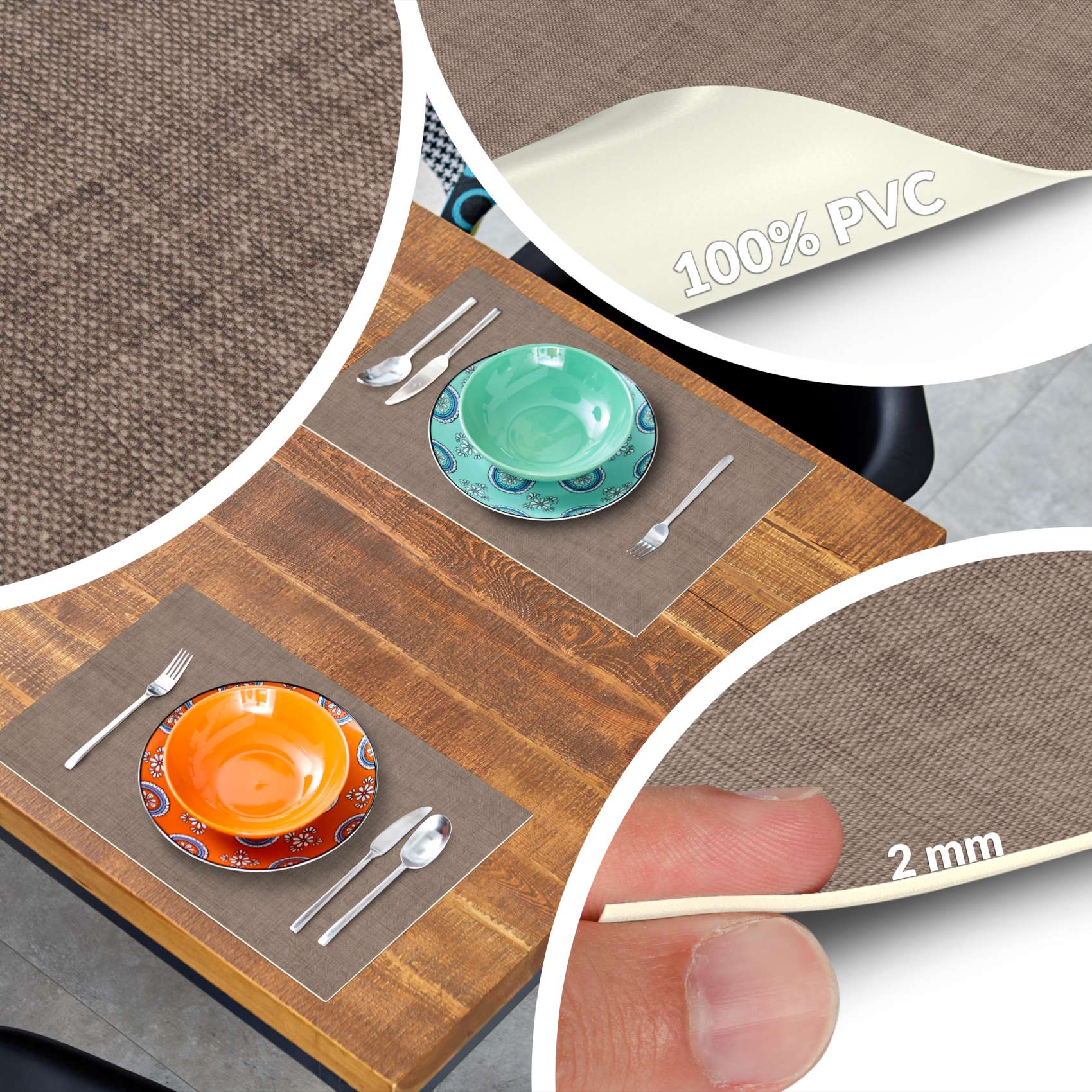 Platzsets Tischset Platzdeckchen abwaschbar Tischuntersetzer PVC hitzebeständig Uni Leinen Braun 35x50cm