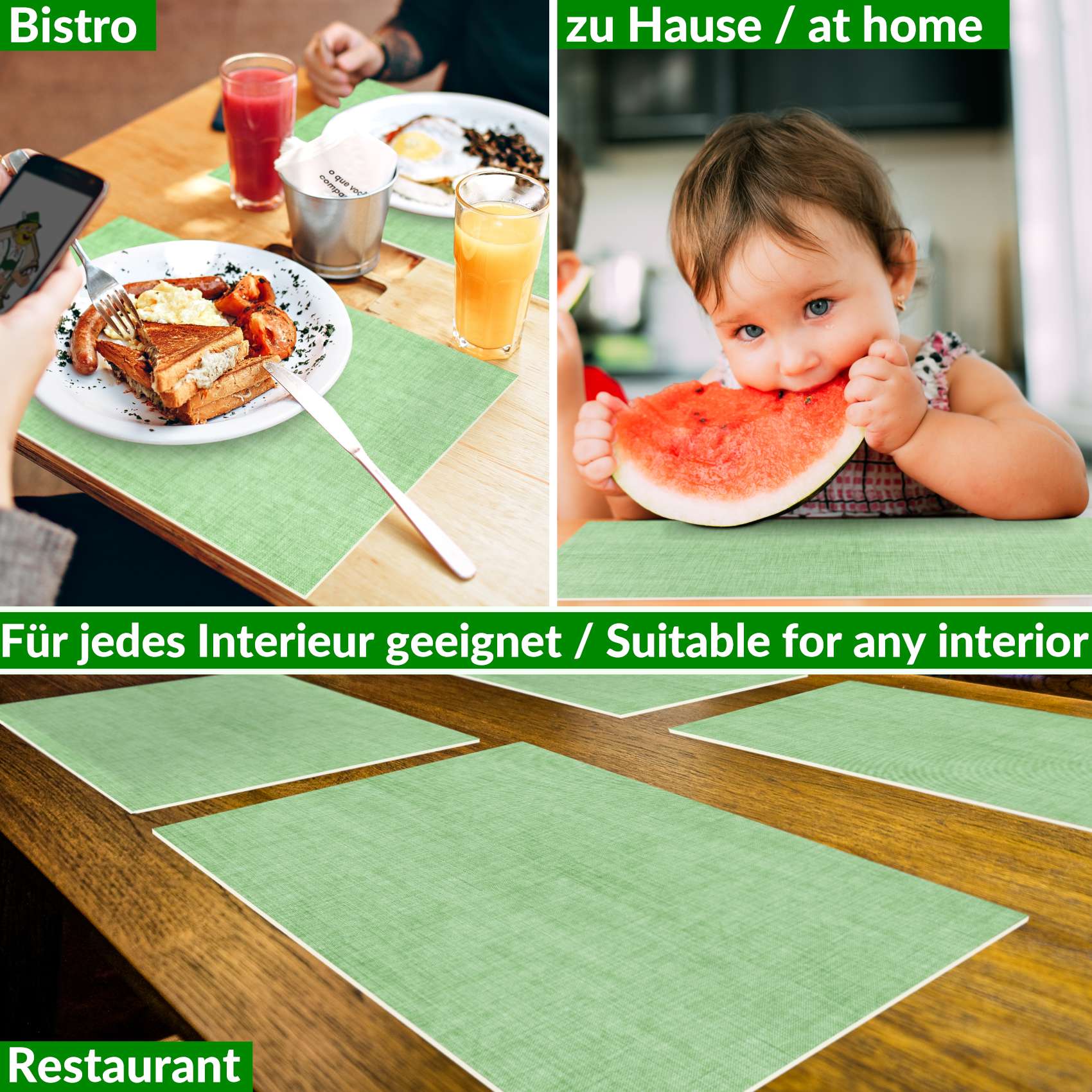 Platzsets Tischset Platzdeckchen abwaschbar Tischuntersetzer PVC hitzebeständig Uni Leinen green 35x50cm